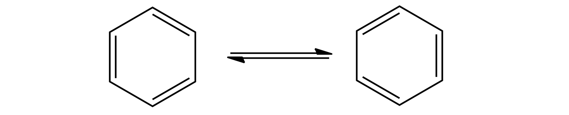 Ilustracja przedstawiająca wzory szkieletowe struktur rezonansowych cząsteczki benzenu. Cząsteczkę benzenu stanowi sześcioczłonowy pierścień aromatyczny, w którym występują naprzemiennie wiązania pojedyncze i podwójne. Strzałki rezonansowe, za strzałkami druga struktura, przedstawiona analogicznie, jednak wiązania podwójne znajdują się w miejscach, w których w pierwszej znajdowały się wiązania pojedyncze, a pojedyncze - tam gdzie podwójne.