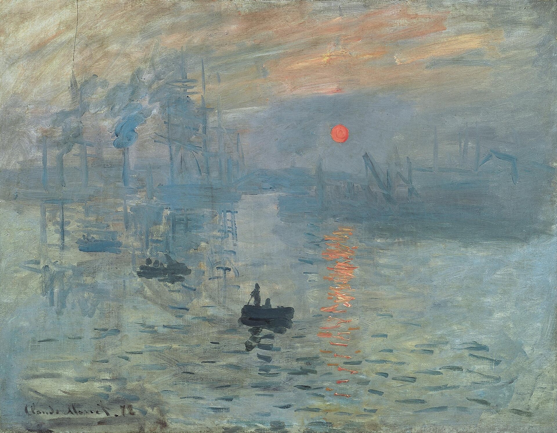 „Impresja. Wschód słońca” Claude’a Moneta przedstawia port z płynącymi łodziami oraz stojącymi w przystani statkami. W tle znajduje się ledwie widoczny pejzaż. Na szaro-niebieskim niebie, czerwieni się okrąg słońca. Jego delikatne światło odbija się w wodzie. 