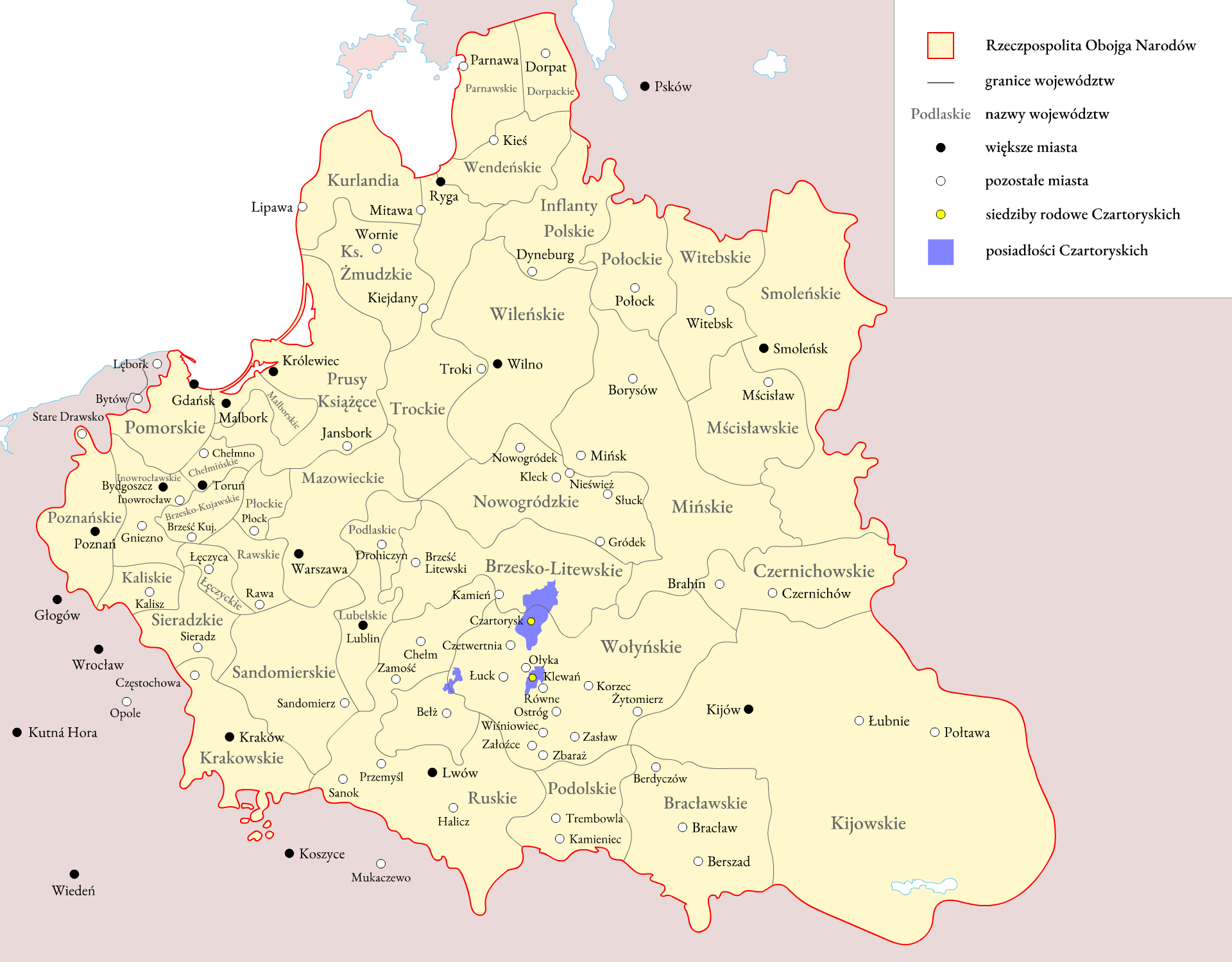 Mapa przedstawia posiadłości Czartoryskich (bez królewszczyzn) na przełomie XVI i XVI wieku. Posiadłości są zlokalizowane na terenie województwa brzesko‑litewskiego wokół miasta Czartorysk, pierwotnej siedziby rodu, oraz w województwie wołyńskim wokół rodowej siedziby w Klewaniu oraz w okolicach Łucka. 