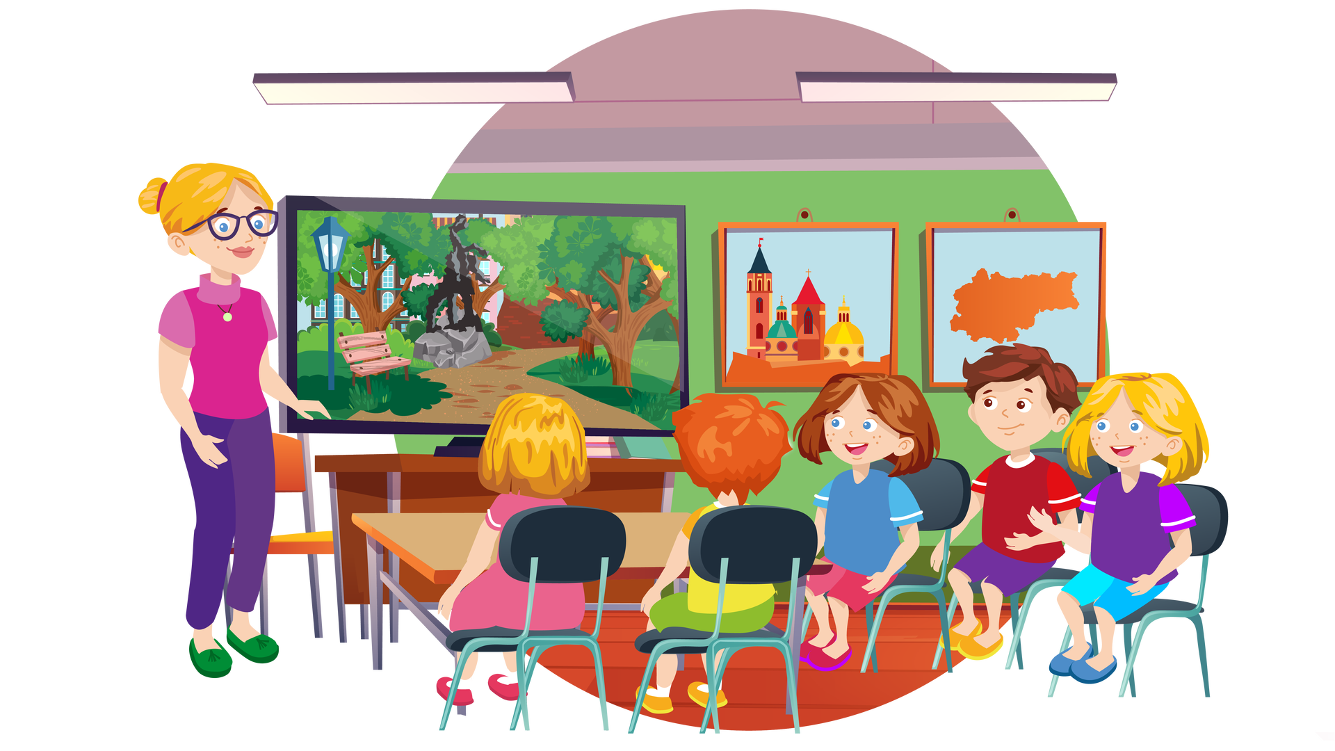 Ilustracja przedstawia klasę szkolną. W tle widać zieloną ścianę, na której po prawej stronie wiszą dwa obrazki w brązowych ramkach. Pierwszy obrazek przedstawia pomarańczowy budynek na błękitnym tle. Ma on cztery wieżyczki. Każda jest zakończona dachem w innym kolorze. Pierwsza ma czarny dach, druga zielony, trzecia czerwony, a czwarta żółty. Drugi obrazek przedstawia mapę Krakowa. Jest to pomarańczowy obszar na błękitnym tle. Na suficie wiszą dwie podłużne lampy. Po lewej stronie stoi brązowe biurko z jasnobrązowym krzesłem. Na biurku ustawiono duży prostokątny telewizor, na którym wyświetla się ilustracja przedstawiająca okolice Wawelu w Krakowie. W tle widać budynki zasłonięte dużymi drzewami liściastymi. Na środku ilustracji znajduje się ścieżka. Po jej lewej stronie stoi rzeźba przedstawiająca smoka wawelskiego. Nieco bliżej, na pierwszym planie, stoi wysoka ciemnoniebieska latarnia oraz jasnoróżowa ławka. Obok biurka z telewizorem stoi nauczycielka. Ma blond włosy upięte w kok i jest ubrana w ciemnoróżową bluzkę z krótkimi rękawami i golfem, długie ciemnofioletowe spodnie i ciemnozielone buty. Na szyi ma naszyjnik, a na nosie okulary w granatowych oprawkach. Na środku pomieszczenia stoi jasnobrązowa ławka z dwoma ciemnoszarymi krzesełkami. Na krześle znajdującym się po lewej stronie siedzi tyłem blondwłosa dziewczynka ubrana w krótką jasnoróżową sukienkę z krótkimi rękawami, białe skarpety i ciemnoróżowe buty. Na krześle znajdującym się po prawej stronie siedzi tyłem Franek ubrany w żółtą koszulkę z krótkimi pomarańczowymi rękawami, krótkie jasnozielone spodnie, białe skarpety i pomarańczowe buty z żółtymi podeszwami. Po prawej stronie pomieszczenia stoją bokiem jeszcze trzy krzesła. Na pierwszym z nich siedzi Maja. Jest ubrana w niebieską koszulkę z krótkimi błękitnymi rękawami, krótkie ciemnoróżowe spodnie i ciemnoróżowe buty z fioletowymi podeszwami. Na drugim krześle siedzi brązowowłosy chłopiec ubrany w czerwoną koszulkę z krótkimi rękawami, krótkie ciemnofioletowe spodnie i pomarańczowe buty z żółtymi podeszwami. Na trzecim krześle siedzi blondwłosa dziewczynka ubrana w ciemnofioletową koszulkę z krótkimi fioletowymi rękawami, krótkie błękitne spodnie i ciemnoniebieskie buty. Wszystkie dzieci patrzą na ilustrację wyświetlającą się na ekranie telewizora.