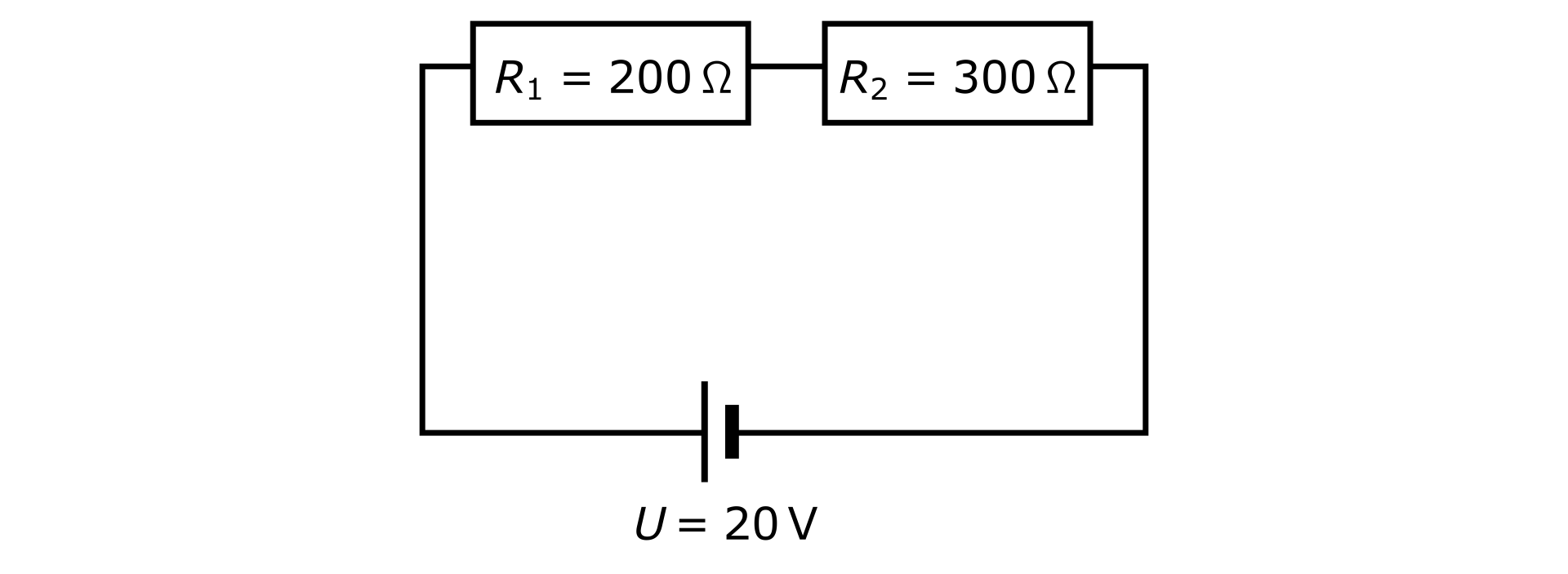 Schemat połączenia szeregowego. Obwód prostokątny. Na środku dolnego boku symbol źródła napięcia, z biegunem dodatnim z lewej strony a biegunem ujemnym z prawej. Podpisany: U równa się dwadzieścia V. Na górnym boku dwa oporniki. Opornik z lewej strony opisany: R z indeksem dolnym jeden równa się dwieście omega. Opornik z prawej strony opisany: R z indeksem dolnym dwa równa się trzysta omega.