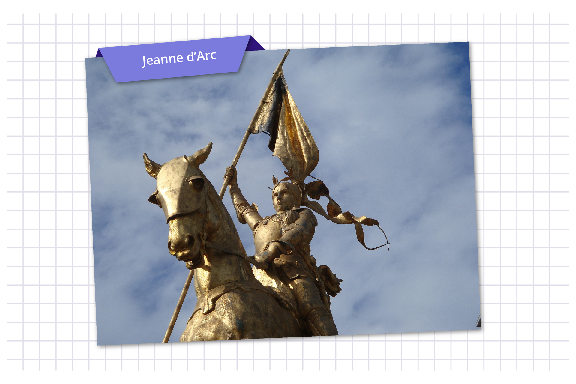 Ilustracja przedstawia złotą rzeźbę Joanny D'arc na koniu. Podpis: Jeanne D'arc.