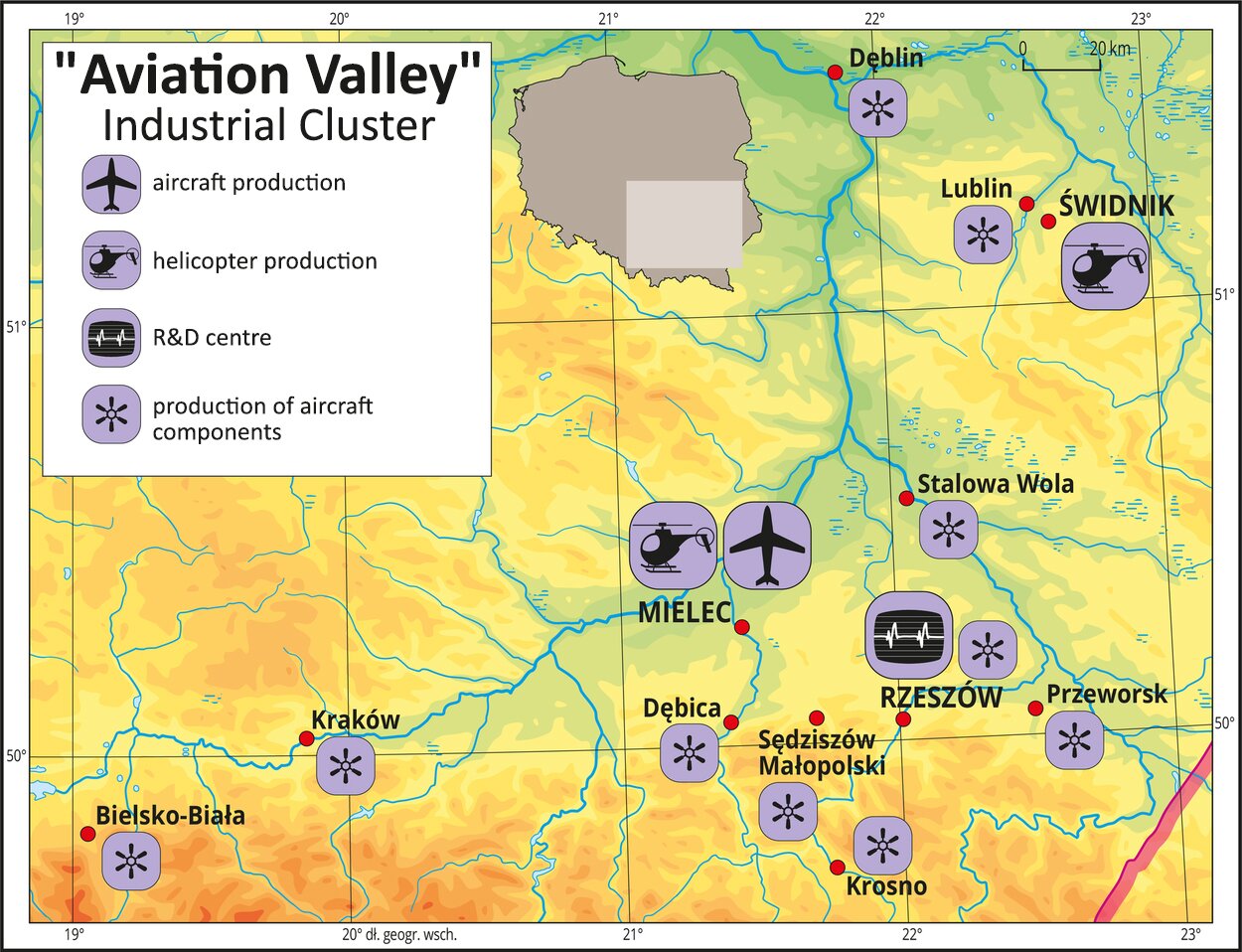 Ilustracja przedstawia mapę „doliny lotniczej” zlokalizowanej w południowo-wschodniej Polsce w rejonie Rzeszowa. Na mapie za pomocą sygnatur przedstawiono koncentrację firm przemysłu lotniczego oraz centrum badawczo-rozwojowe. W Mielcu jest fabryka samolotów i śmigłowców, a w Świdniku fabryka śmigłowców. Na mapie przedstawiono również dziesięć miast, w których występuje produkcja komponentów lotniczych - Bielsko-Biała, Kraków, Stalowa Wola, Rzeszów, Przeworsk, Sędziszów Małopolski, Krosno, Dębica, Dęblin, Lublin.