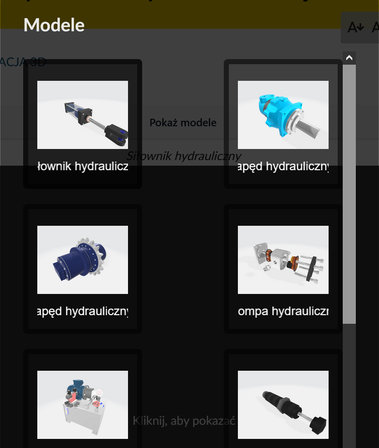 Ilustracja przedstawia spis treści wizualizacji. Spis ma formę miniatur modeli z podpisami. Można go przewijać za pomocą paska widocznego po prawej stronie.