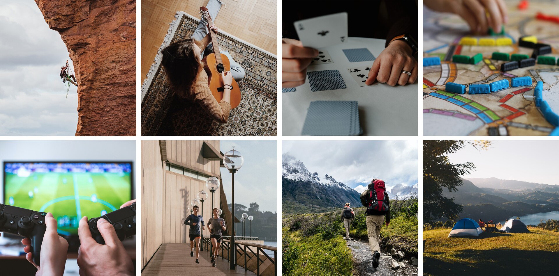 Ilustracja składa się z ośmiu zdjęć ułożonych po cztery w dwóch rzędach. W górnym rzędzie od lewej strony na pierwszym zdjęciu widoczny jest człowiek wspinający się po pionowej skale, ubrany w strój do wspinaczki i uprząż wspinaczkową. Zdjęcie drugie przedstawia osobę siedzącą na dywanie i grającą na gitarze. Zdjęcie trzecie przedstawia dłonie rozkładające na stole karty do gry. Zdjęcie czwarte przedstawia dłoń ustawiającą miniaturowe wagoniki pociągu na planszy. W dolnym rzędzie od lewej strony na pierwszym zdjęciu widoczne są dwie pary rąk trzymające kontrolery do gry, a w tle monitor, na którym wyświetla się boisko do gry w piłkę nożną. Zdjęcie drugie przedstawia dwie osoby biegnące drewnianym pomostem obok zbiornika wodnego. Zdjęcie trzecie przedstawia dwie osoby niosące plecaki i wędrujące wąską górską ścieżką. Zdjęcie czwarte przedstawia rozstawione na niewielkim wyniesieniu dwa namioty z widokiem na górzystą dolinę ze zbiornikiem wodnym. 