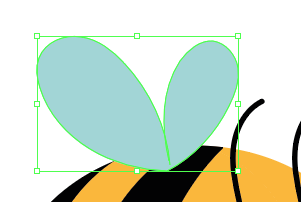 Ilustracja przedstawia górny fragment rysunku pszczoły. Nałożone są na niego dwie błękitne łezki tworzące skrzydła pszczoły. Skrzydła są zaznaczone zieloną ramką.