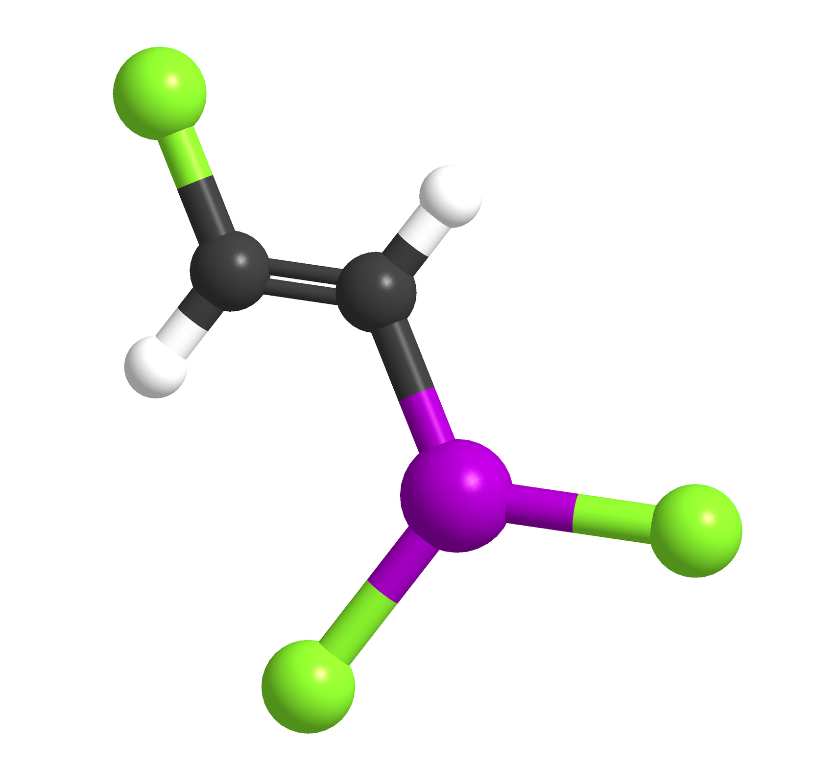 Na ilustracji jest model cząsteczki: dwie szare kulki są połączone wiązaniem podwójnym. Szara kulka po lewej stronie łączy się z małą białą kulką i większą zieloną kulką. Druga szara kulka łączy się u góry z małą białą kulką, a na dole z dużą fioletową kulką połączona z dwiema mniejszymi zielonymi kulkami.