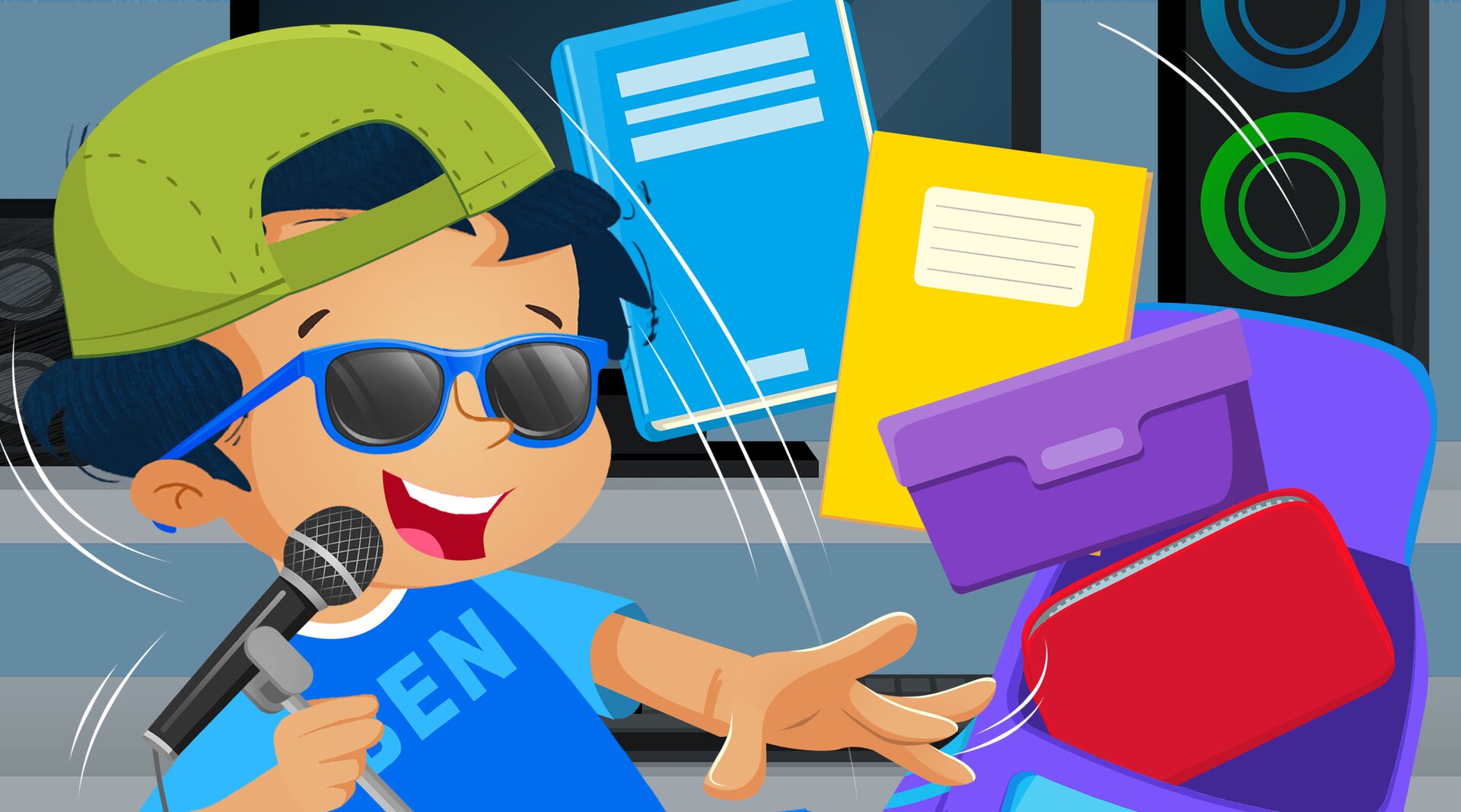 Ilustracja przedstawia Bena. Śpiewa do mikrofonu. Ma okulary przeciwsłoneczne i czapkę z daszkiem. Obok niego widoczny jest plecak, z którego wylatują piórnik, śniadaniówka, zeszyt i książka.