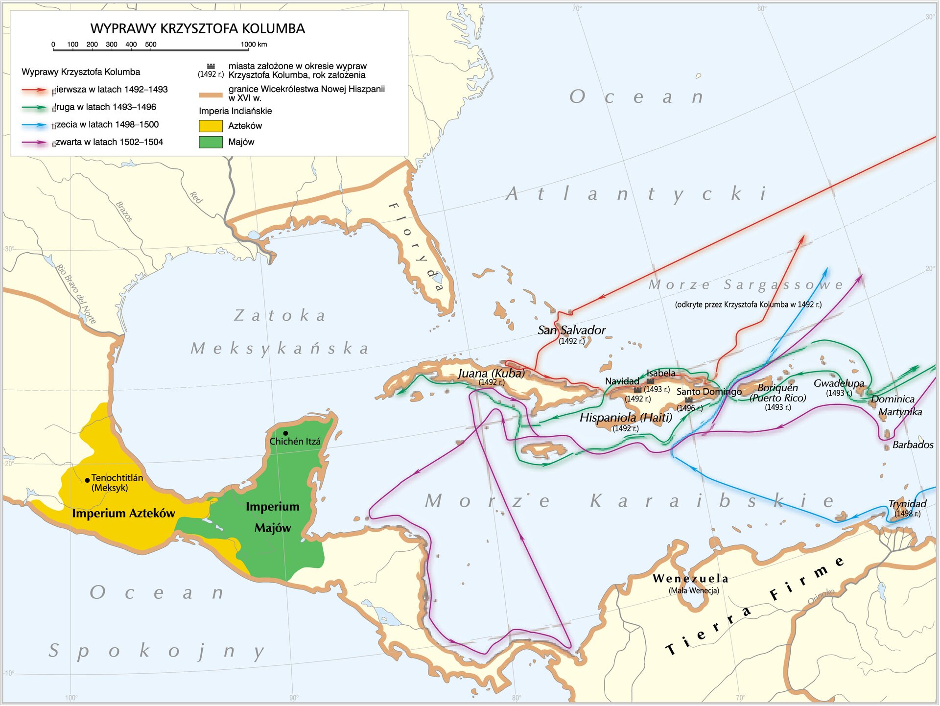 Na ilustracji mapa z trasami i poznanymi obszarami z drugiej, trzeciej i czwartej wyprawy Krzysztofa Kolumba.