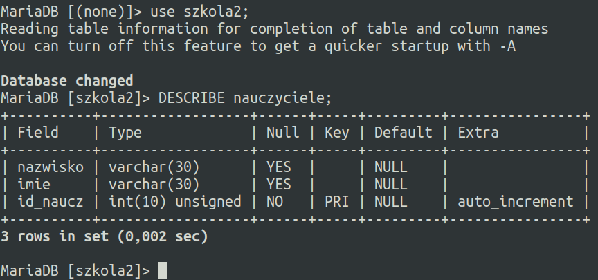Zrzut ekranu przedstawiający tabelę nauczyciele. Tabela składa się z sześciu kolumn opisanych kolejno: Field, Type, Null, Key, Default, Extra. Dane wpisano w trzech wierszach. W kolumnie Filed podano nazwy pół. W kolumnie Type podano typy pół. Kolumna Null zawiera wartości YES albo NO. W kolumnie Key określono klucz, którym jest id_naucz. W kolumnie Default we wszystkie komórki wpisano NULL. W kolumnie Extra wpisano wartość tylko w ostatniej komórce, jest to auto_increment.