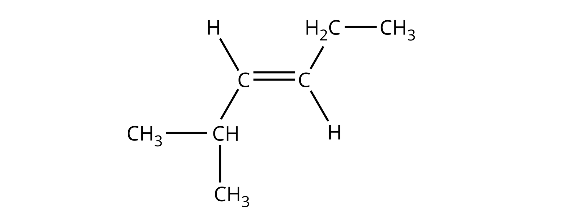 Ilustracja przedstawiająca wzór półstrukturalny (3E)-2‑metyloheks‑3-enu. Związek ten zbudowany jest z dwóch atomów węgla połączonych za pomocą wiązania podwójnego, które to oba podstawione są atomami wodoru znajdującymi się po przeciwnych stronach wiązania podwójnego (każdy jednym). Dodatkowo jeden z atomów węgla podstawiony jest grupą CH2, a drugi grupą CH. Dla pierwszego podstawnika grupa CH2 łączy się z grupą metylową CH3. Dla drugiego podstawnika grupa CH łączy się z dwiema grupami grupami metylowymi CH3.
