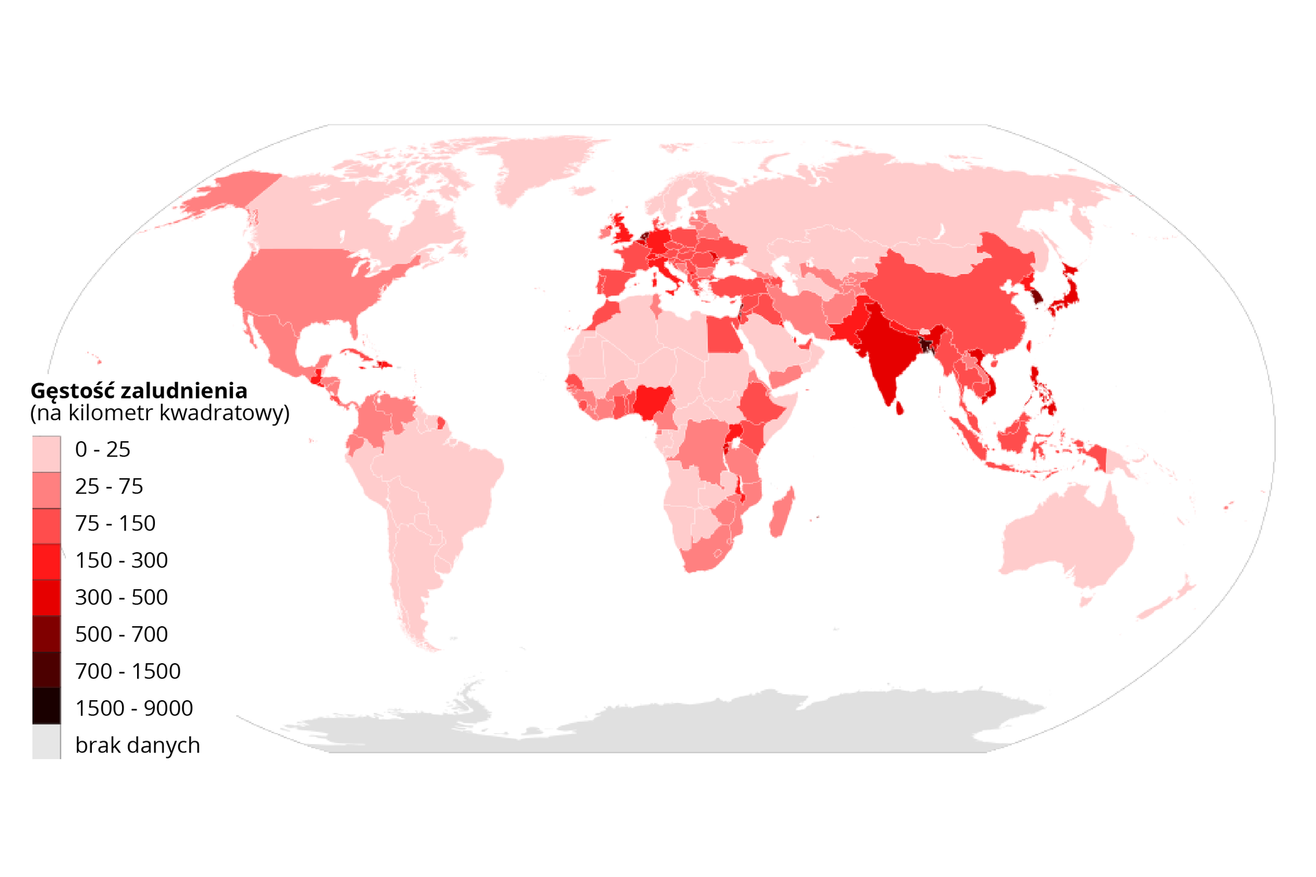Na mapie świata zaznaczono gęstość zaludnienia w 2018 roku. Niska od zera do 25 osób na kilometr kwadratowy: Kanada, Grenlandia, Rosja, Skandynawia, Mongolia, Kazachstan, Turkmenistan, Arabia Saudyjska, Oman, większość krajów afrykańskich, Australia, Papua-Nowa Gwinea, kraje Ameryki Południowej z wyjątkiem Ekwadoru, Kolumbii, Wenezueli, gdzie gęstość zaludnienia wynosi od 25 do 75 osób na kilometr kwadratowy oraz Gujany Francuskiej, w której gęstość zaludnienia wynosi od 75 do 150 osób na kilometr kwadratowy. W Europie dominuje gęstość zaludnienia od 75 do 150 osób na kilometr kwadratowy. Gęstość ta dotyczy także między innymi Chin, Indonezji, Malezji, Japonii, nieliczne kraje afrykańskie: Egipt, Etiopia, Kenia, Uganda, Nigeria, Ghana, Senegal, Maroko, Irak, Syria, Izrael, Jordan, Emiraty Arabskie, Gwatemala, Kostaryka, Kuba, Dominikana. Największą gęstość zaludnienia odnotowuje się w Bangladeszu - od 700 do 1500 osób na kilometr kwadratowy. W Korei Południowej od 500 do 700 osób na kilometr kwadratowy. W przedziale od 300 do 500 osób na kilometr kwadratowy: Indie, Wietnam. Pozostałe kraje: przedział od 25 do 75 osób na kilometr kwadratowy.       