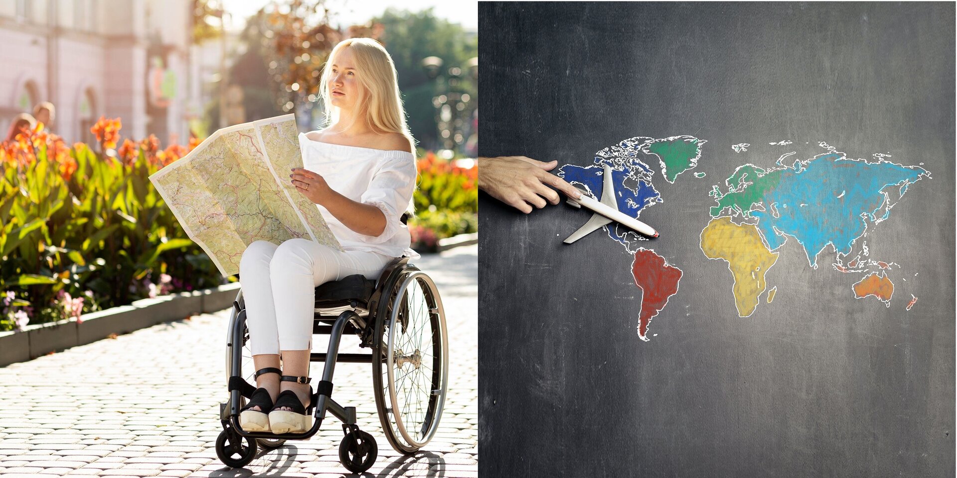 Ilustracja składa się z dwóch zdjęć. Na pierwszym po lewej widoczna jest młoda kobieta siedząca na wózku inwalidzkim. Trzyma ona w dłoniach otwartą mapę. Na drugim zdjęciu widoczna jest mapa kontynentów, każdy kontynent jest w innym kolorze. Na kontynencie Ameryki leży figurka samolotu pasażerskiego.