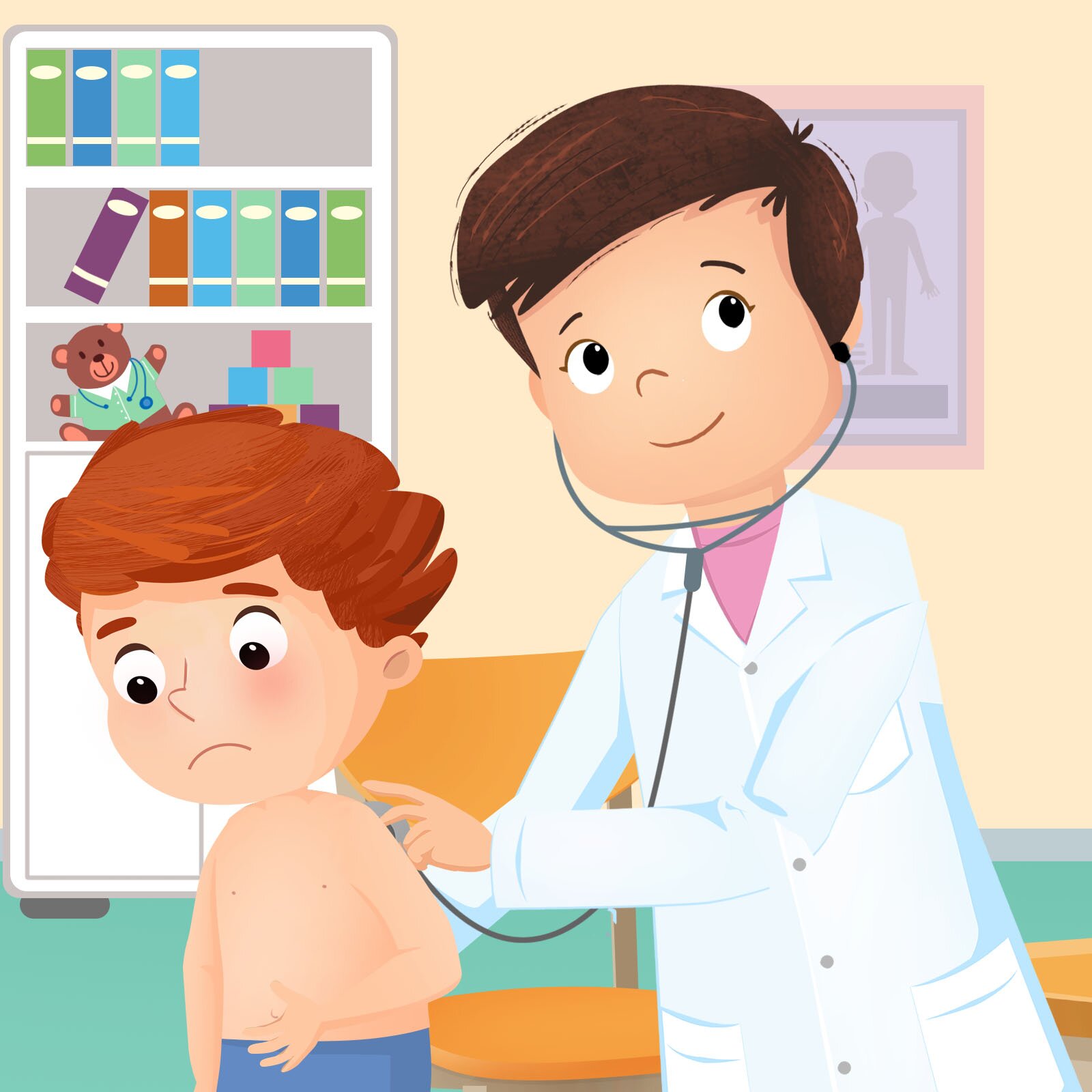 Ilustracja przedstawia lekarkę, która przykład stetoskop do pleców smutnego, chorego dziecka.