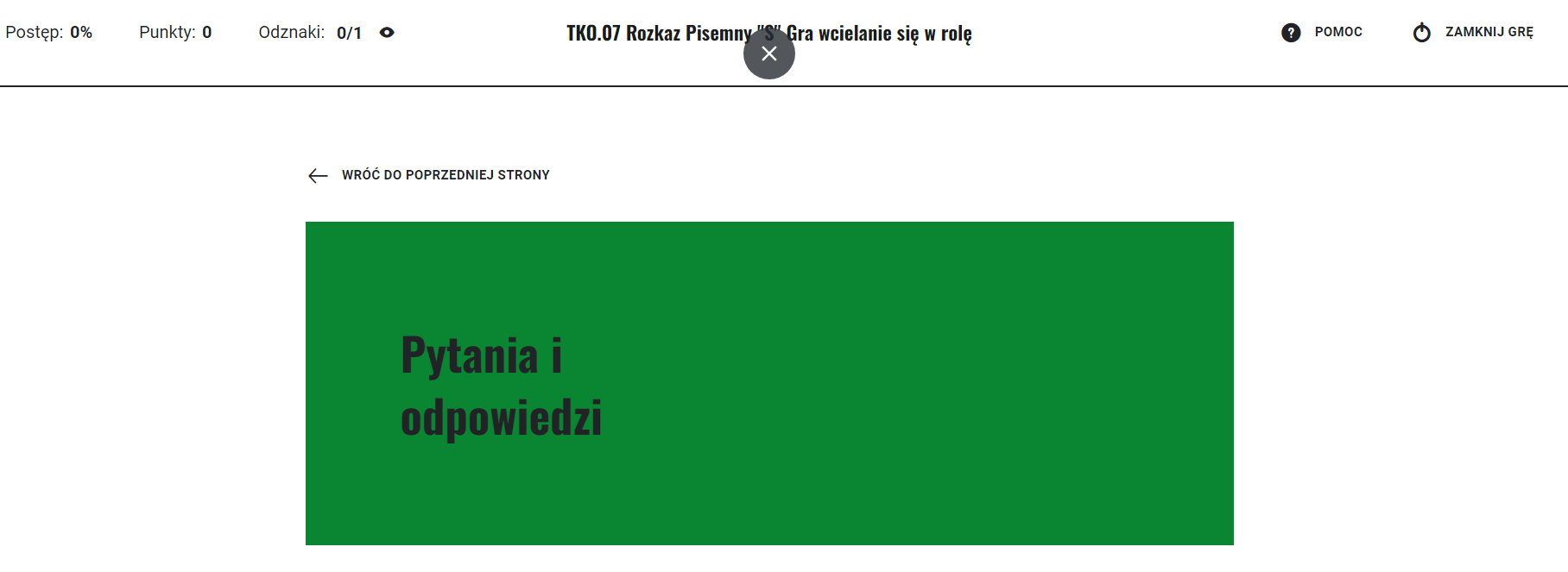 Ekran z pytaniami i odpowiedziami w grze