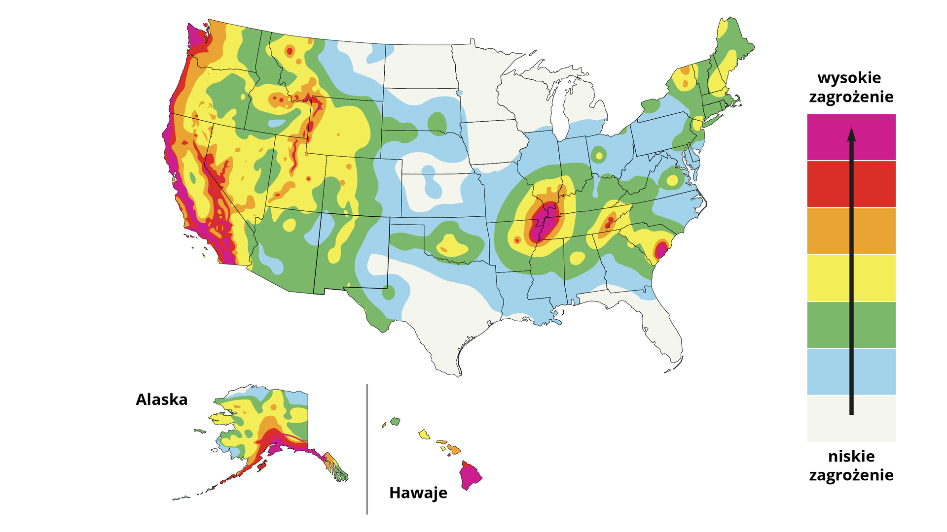 Na mapie Stanów Zjednoczonych zaznaczono zagrożenie wystąpienia trzęsienia ziemi. Jest wysokie w zachodniej części oraz w południowo-wschodniej w głąb kraju, a także na Hawajach i na południu Alaski.  