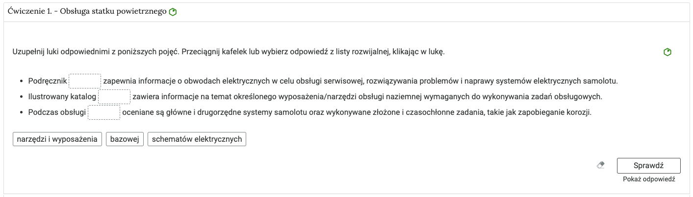 Ilustracja przedstawia zakładkę z otwartym ćwiczeniem. Po rozwinięciu zakładki, na samej górze wyświetla się jej treść z numerem ćwiczenia, nazwą oraz stopniem trudności. Poniżej znajduje się pełna treść ćwiczenia umożliwiająca jego prawidłowe wykonanie.