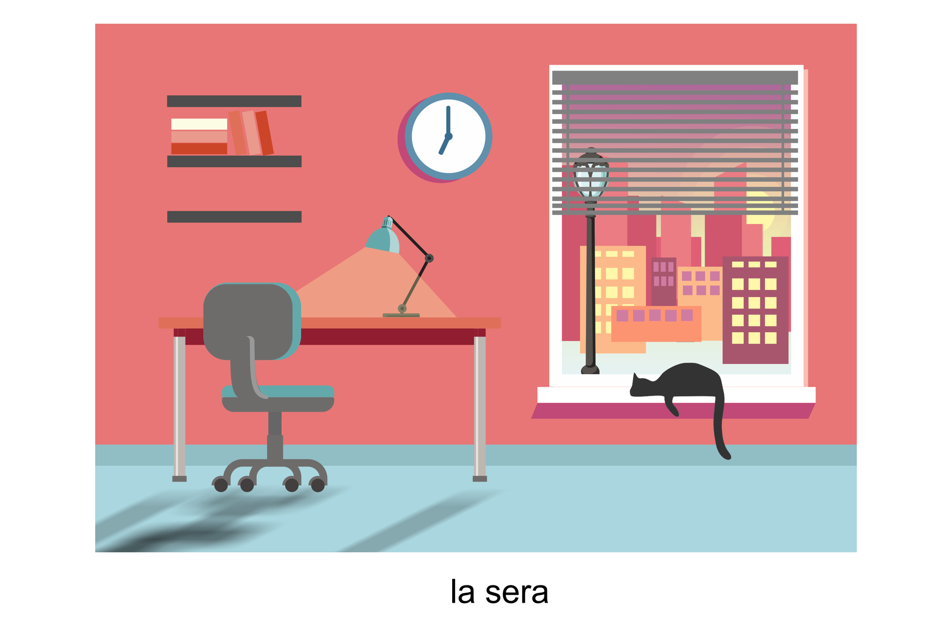 Rysunek przedstawia pokój z dużym oknem. Po lewej stronie stoi biurko i krzesło. Na biurku stoi włączona lampka. Zegar pokazuje godzinę siódmą. Za oknem widoczne jest zachodzące słońce.