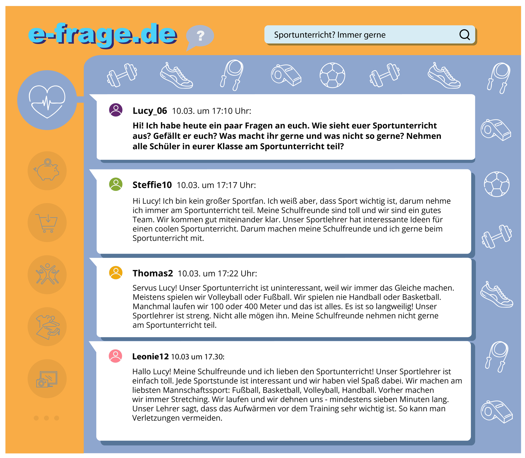 Ilustracja przedstawia forum internetowe. Widoczne są wpisy od różnych osób. Wokół widoczne są ikony nawiązujące do sportu. Transkrypcja jest dostępna poniżej.