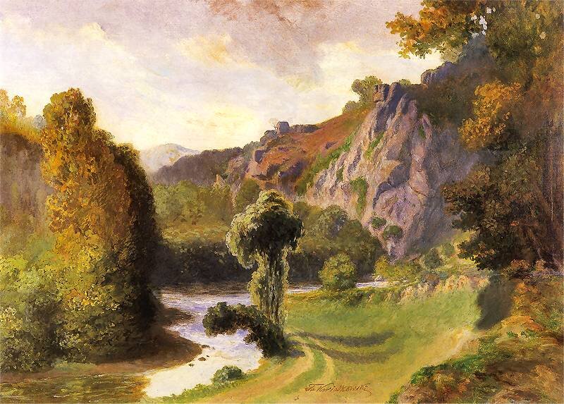 Obraz przedstawia pejzaż. Przez zielone pole płynie niewielka rzeczka. Na jej brzegach rosną drzewa i krzewy. Na drugim planie znajdują się skaliste góry i pagórki. 