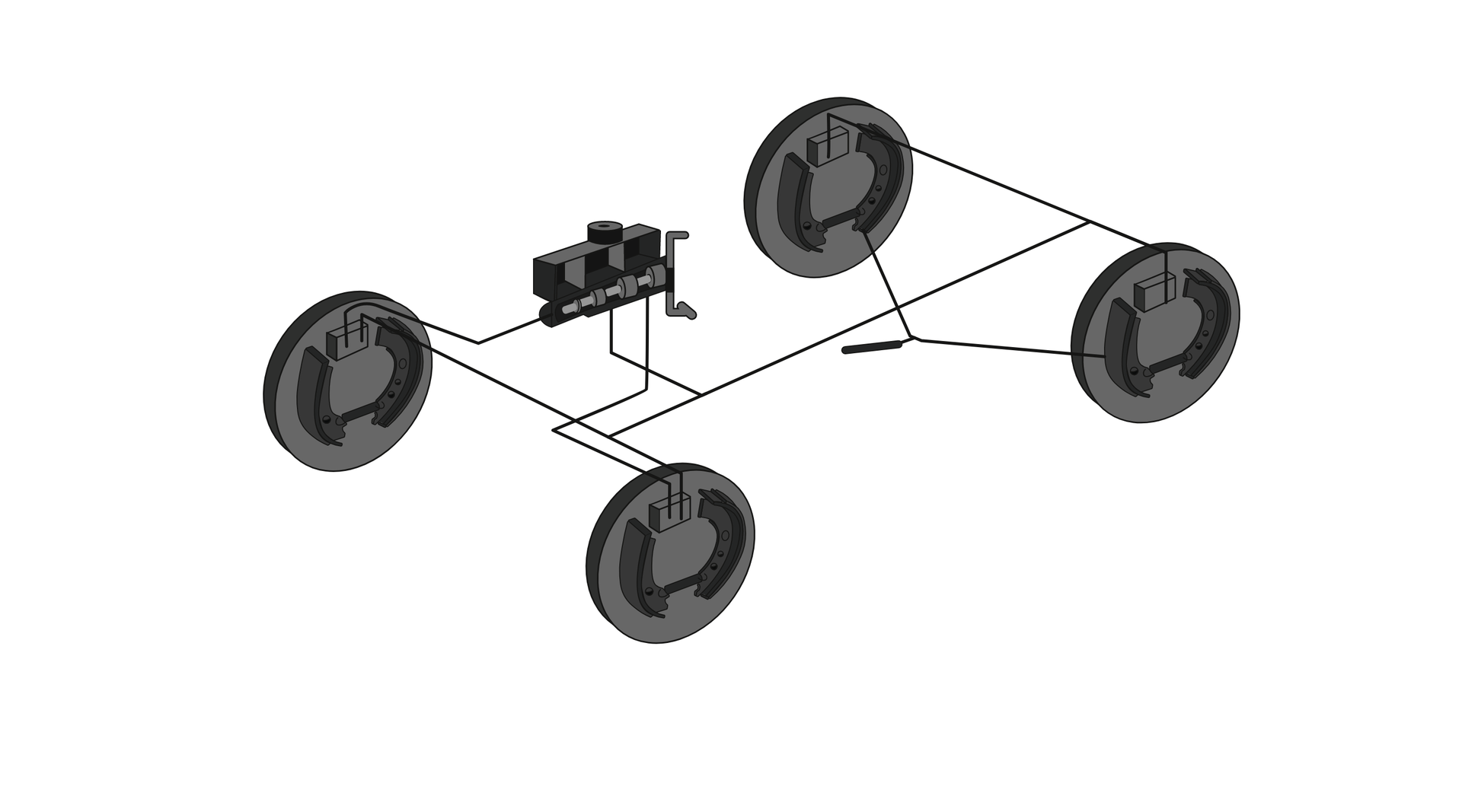 Na ilustracji znajduje się schemat systemu ABS. Składa się z czterech kół umieszczonych na planie prostokąta, połączonych ze sobą liniami. W centrum schematu widoczny jest hydrauliczny modulator ze sterownikiem (ECU), który jest połączony ze wszystkimi kołami. W sąsiedztwie każdego z kół umieszczony jest prostokątny element – czujnik prędkości obrotu kół. 