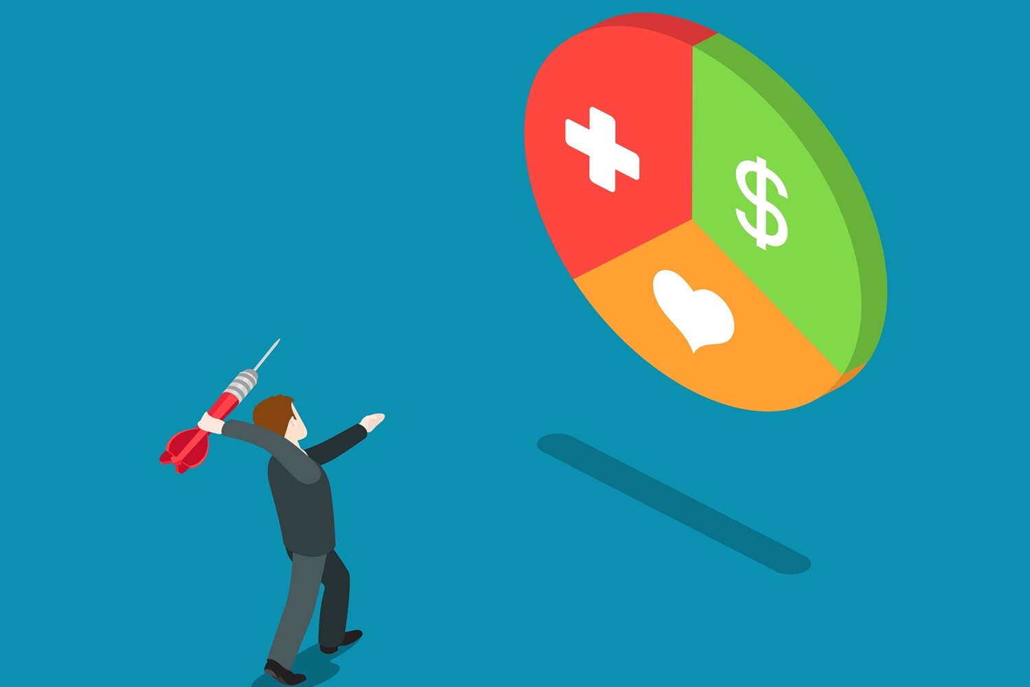 Grafika przedstawia postać mężczyzny, który nad głową trzyma dużą czerwoną lotkę i mierzy w ogromną tarczę znajdującą się przed nim. Tarcza jest podzielona na trzy części: zieloną z symbolem dolara, czerwoną z białym krzyżykiem medycznym oraz pomarańczową z białym sercem.