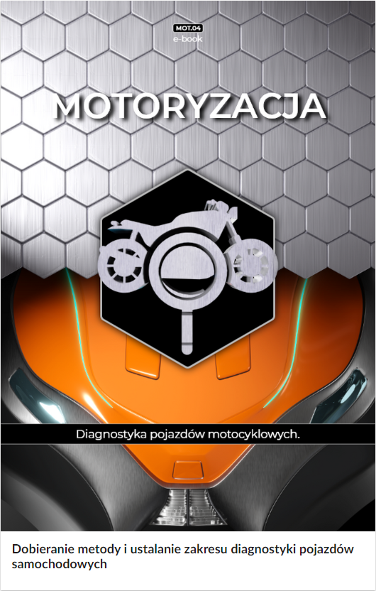 Grafika przedstawia ekran startowy e‑booka. U góry znajduje się nagłówek "MOTORYZACJA", poniżej grafika motocykla i tytuł lekcji.