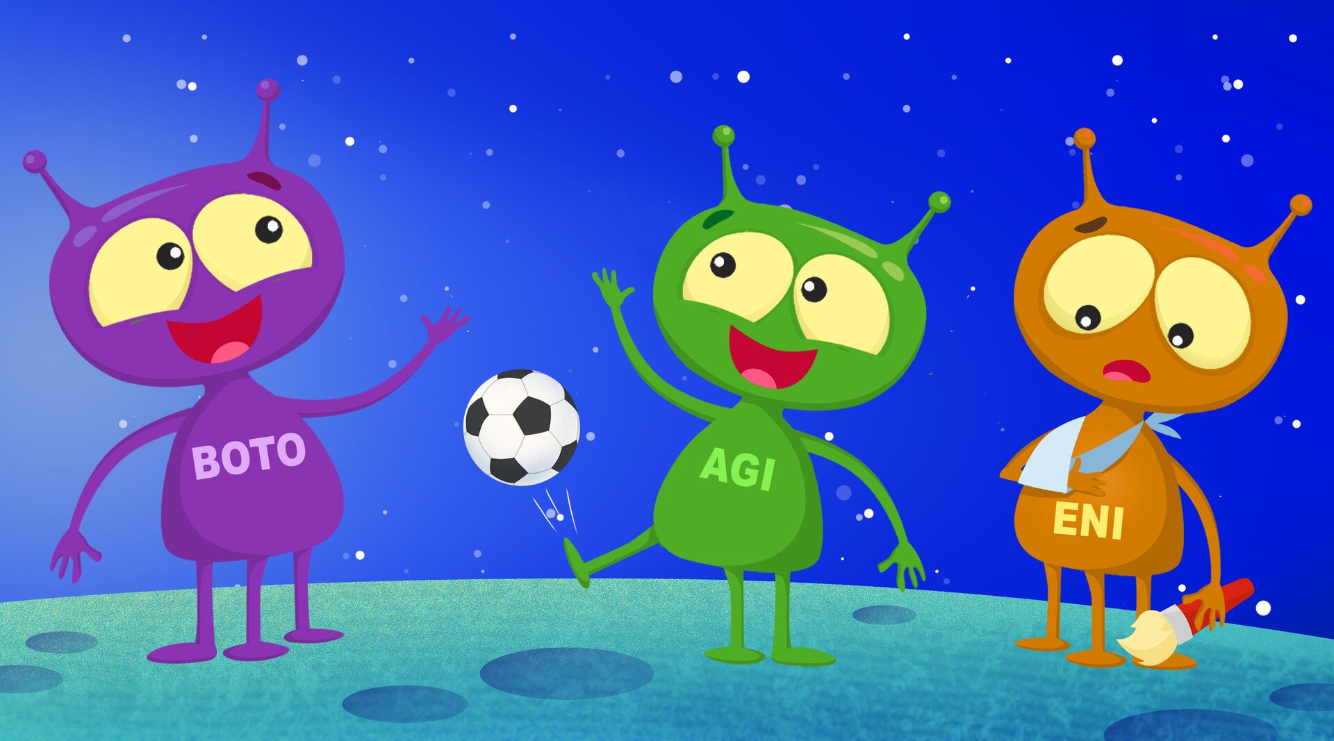 Ilustracja przedstawia trzy ufoludki w różnych kolorach i podpisanych boto, agi i eni. Agi i Boto są szczęśliwe i kopią piłkę. Eni ma rękę w temblaku i jest smutny i trzyma pędzel.