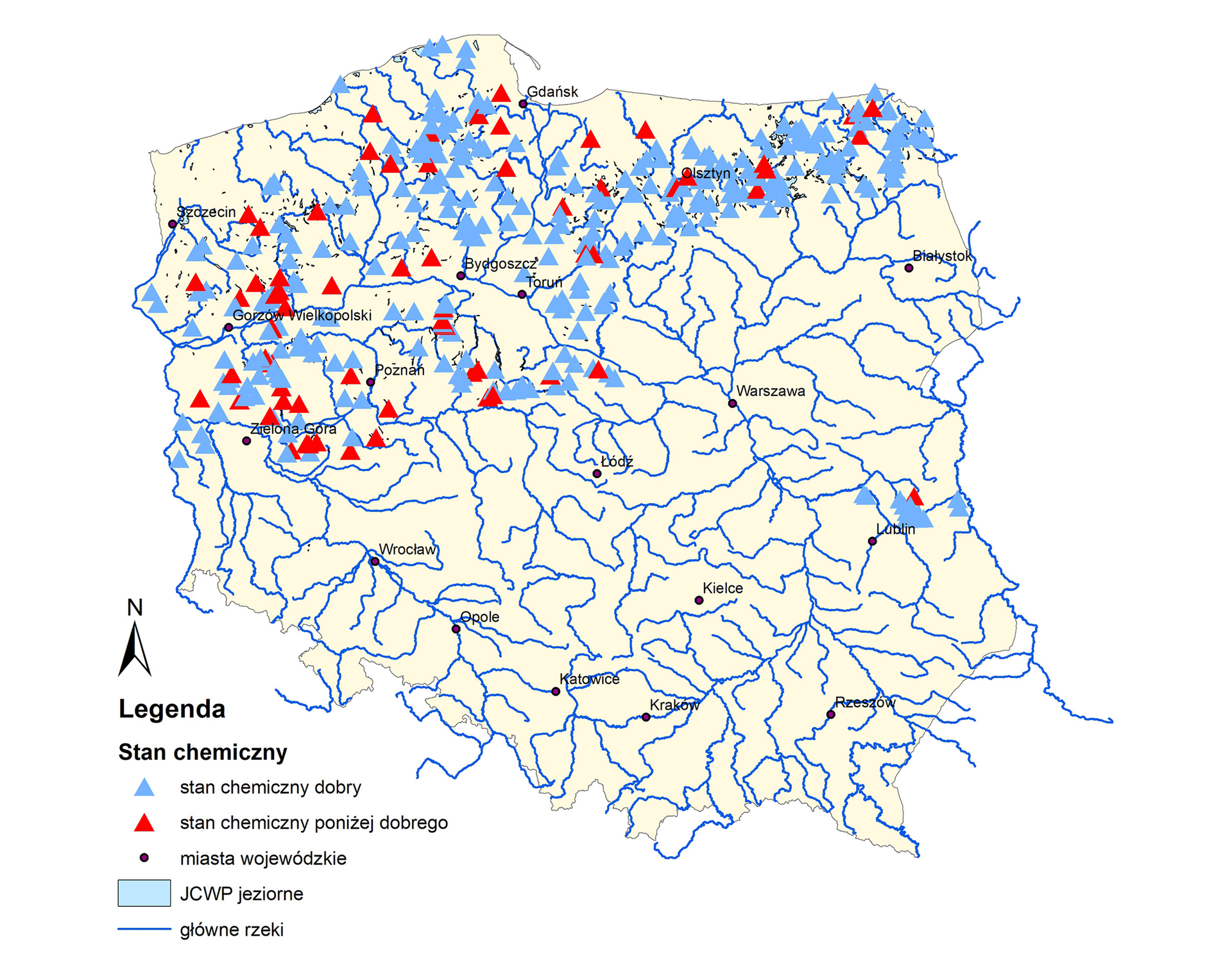 Mapa Polski przedstawia stan wód jezior. Stan chemiczny dobry występuje w pasie w okolicach Suwałk, Olsztyna, Torunia, Bydgoszczy, Gorzowa Wielkopolskiego, Zielonej Góry, Poznania, Lublina. Stan chemiczny poniżej dobrego występuje miejscowo w okolicy Szczecina, Zielonej Góry, Gdańska, Olsztyna.