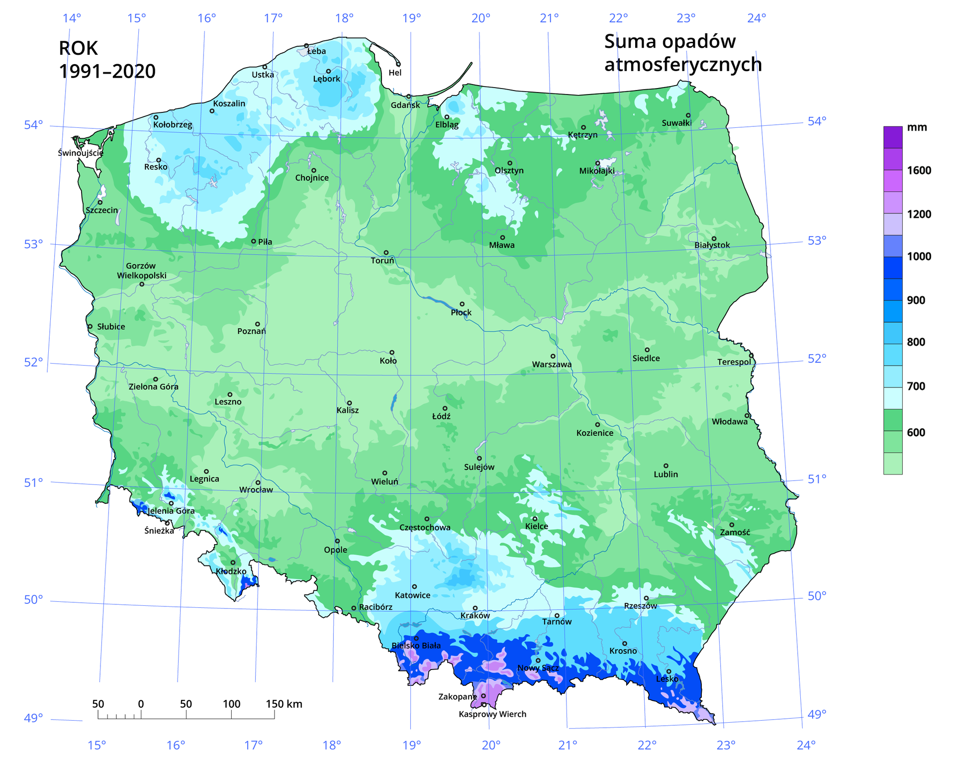 Mapa Polski przedstawiająca średnie roczne sumy opadów w milimetrach w latach 1991‑2020. Wartości oznaczono kolorami, od jasnozielonego dla najniższych (poniżej 550 mm) do fioletowego w przypadku najwyższych (ponad 1650 mm). Najwyższe opady w Polsce występują w górach. Sumą opadów powyżej 650 mm cechują się również obszary wybrzeża Bałtyckiego, od Kołobrzegu po Hel. Wyższe opady występują również obszarowo nad warmią i mazurami, w szczególności w okolicy Olsztyna i Elbląga. Reszta kraju cechuje się sumą opadów poniżej 650 mm. Najniższa suma opadów występuje w centralnej Polsce, na obszarze Wielkopolski i Kujaw. Nad mapą znajdują się dwa tytuły po prawej stronie jest napis suma opadów atmosferycznych, po lewej Rok 1991‑2020. Na mapie jest siatka kartograficzna na której oznaczono wartości południków i równoleżników co jeden stopień. W lewym dolnym rogu znajduje się skala liniowa. 