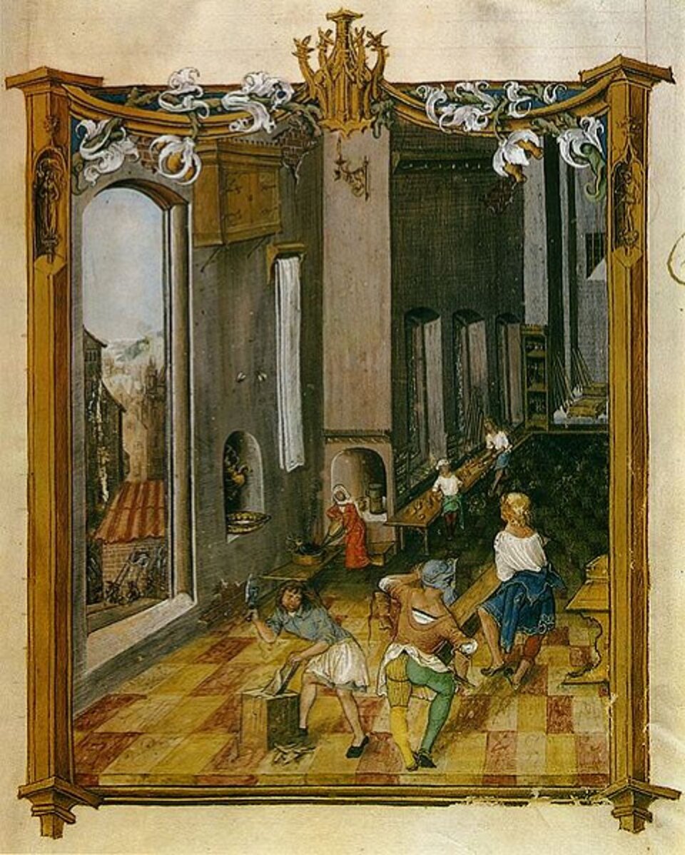Ilustracja przedstawia obraz pt. „Pracownia snycerza”, na którym nieznany autor przedstawił XV‑wieczną scenę pracujących osób podczas rzeźbienia w drewnie.