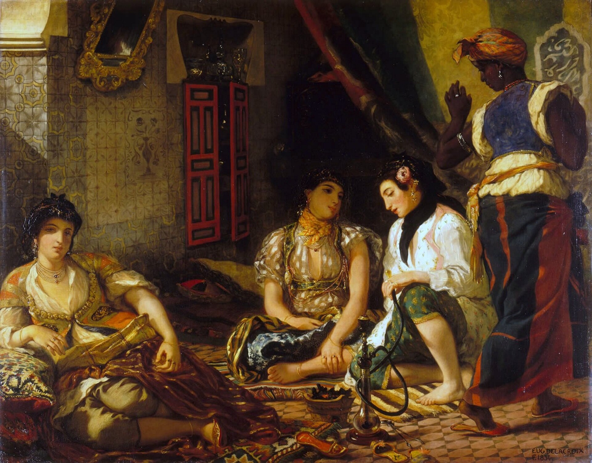 Ilustracja o kształcie poziomego prostokąta przedstawia obraz Eugène’a Delacroixa „Kobiety algierskie”. Ukazuje trzy kobiety siedzące na podłodze w pomieszczeniu oraz czarnoskórą kobietę, która jest służącą. Kobiety są bogato ubrane. Pomiędzy nimi stoi fajka. 