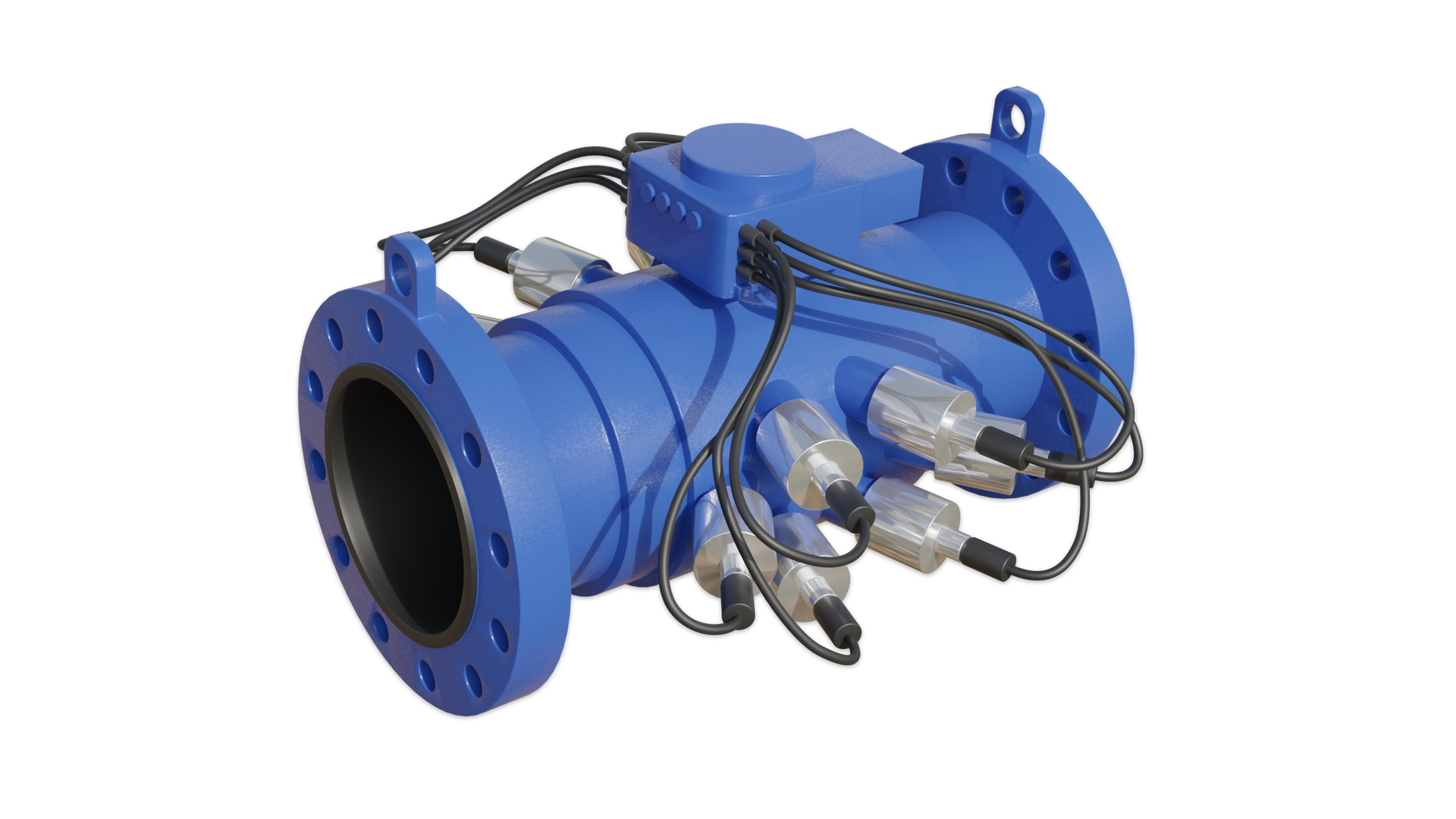 Ilustracja przedstawia gazomierz ultradźwiękowy. Gazomierze ultradźwiękowe dokonują pomiaru przepływu gazu za pomocą wpuszczonych przetworników ultradźwiękowych. Gazomierz ultradźwiękowy z wyglądu przypomina szpulę. Na końcach szpuli znajdują się okrągłe otwory. Do centralnej części szpuli przyłączony jest prostopadłościenny element z kablami, które prowadzą do przetworników ultradźwiękowych. Z przodu i z tyłu szpuli znajdują się przetworniki ultradźwiękowe. Przetworniki składają się z cylindrów z bolcem, do którego podpięty jest kabel. 