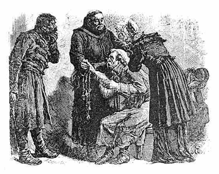 Ilustracja przedstawia trzech mężczyzn, jedną kobietę oraz jedną postać zasłaniającą dłoniami twarz, której nie da się zidentyfikować. Jeden z mężczyzn ma długą szatę i siedzi. Wyciąga dłonie przed siebie, opowiadając zgromadzonym historię. Mężczyzna ma na głowie czepek. Ma długie wąsy oraz okulary. Wokół mężczyzny zgromadziło się dwóch mężczyzn i kobieta. Jeden z mężczyzn, stojący naprzeciwko siedzącego, przykłada lewą dłoń w geście zastanowienia. Ma długą, sięgającą do kolan, szatę oraz wysokie buty. Ma ciemne, bujne włosy oraz czarny wąs. Drugi mężczyzna stoi obok siedzącego, z jego prawej strony. Ma na sobie długą, zakonną szatę, którą przewiązał w pasie sznurem. Jest łysy i ma wokół czubka głowy wąski pas włosów. Wpatruje się w siedzącego. Kobieta stoi z lewej strony mówiącego. Jest odwrócona do widza plecami. Widoczna jest jej długa, sięgająca do ziemi, szata oraz płaszcz do kolan. Na głowie ma czepek. Pochyla się lekko w stronę siedzącego. Ilustracja jest czarno‑biała. 