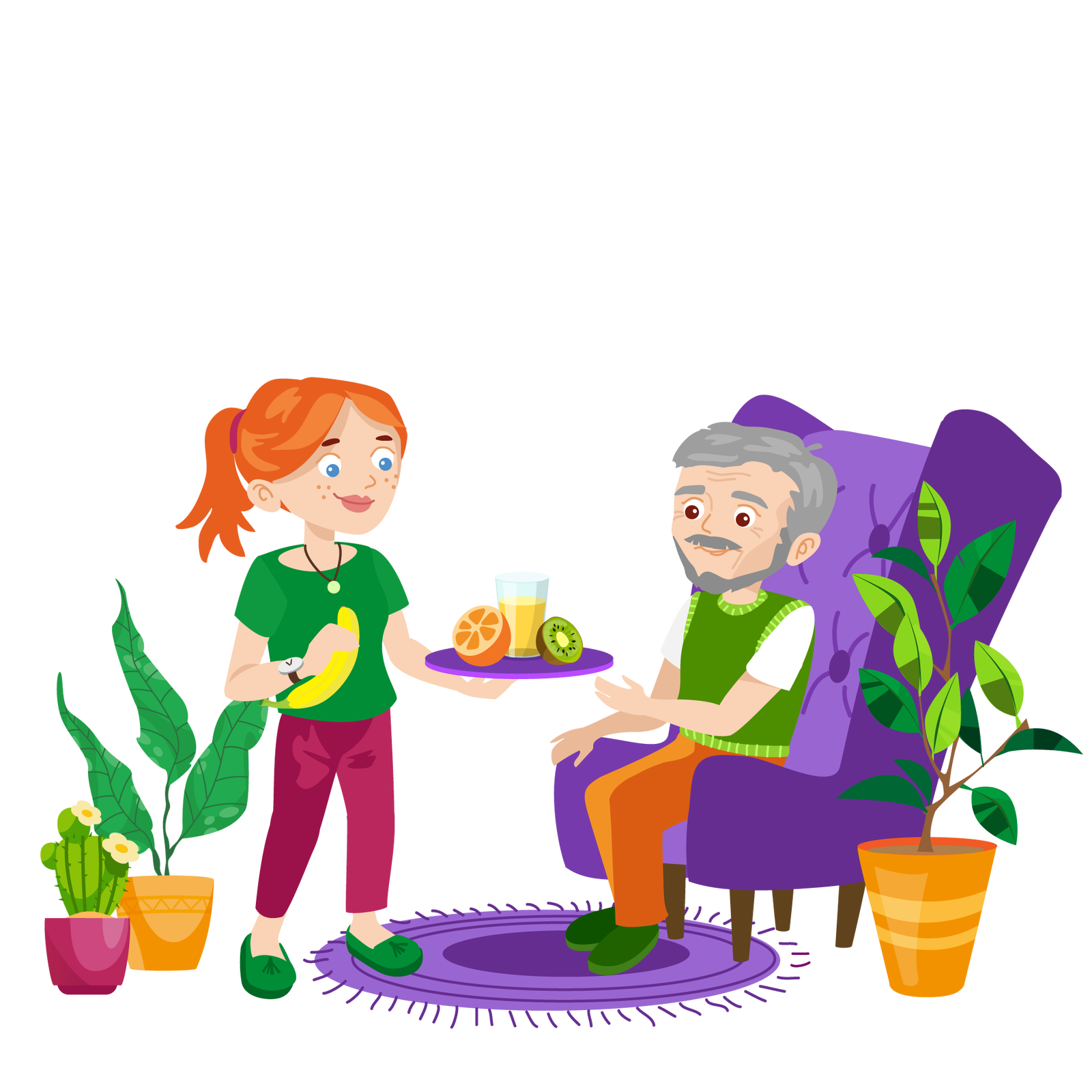 Ilustracja przedstawia pomieszczenie w domu. Po lewej stronie, na podłodze, stoi zielony kaktus w bordowej donicy oraz duża zielona roślina w pomarańczowej donicy. Po prawej stronie widać kolejną dużą zieloną roślinę w pomarańczowej donicy. Na środku leży okrągły fioletowy dywan z frędzlami. Po lewej stronie stoi na nim mama Franka i Mai. Jest ubrana w ciemnozieloną bluzkę z krótkimi rękawami, długie ciemnoróżowe spodnie i ciemnozielone buty. Na szyi ma wisiorek, a na prawym nadgarstku zegarek. W prawej dłoni trzyma banana, a w lewej okrągłą fioletową tacę, na której znajduje się szklanka żółtego soku, połowa pomarańczy i połowa kiwi. Kobieta wyciąga tacę przed siebie. Obok niej, po prawej stronie, stoi fioletowy fotel, na którym siedzi dziadek Franka i Mai. Jest ubrany w białą koszulkę z krótkimi rękawami, zieloną kamizelkę, długie pomarańczowe spodnie i ciemnozielone buty. Wyciąga lewą rękę w kierunku tacy, którą przekazuje mu mama Franka i Mai.