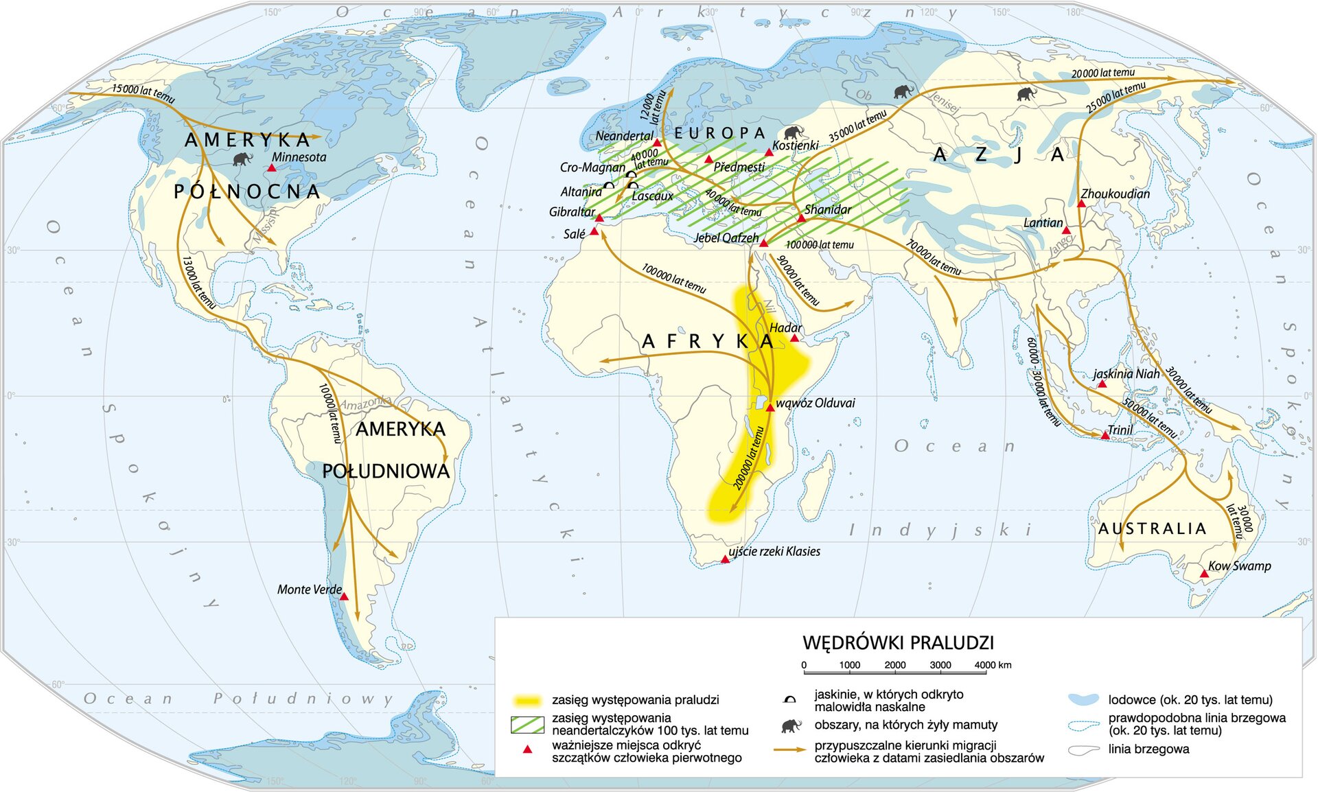 Mapa świata pokazująca jakimi drogami migrowali ludzie z południa Afryki na inne kontynenty. Kontynenty: Ameryka Północna, Ameryka Południowa, Afryka, Europa, Azja, Australia. Zasięg występowania praludzi zaznaczono na żółto, w pasie od dorzecza rzeki Nil po północne rejony współczesnej Republiki Południowej Afryki. Zaznaczono miejsca odkryć szkieletów człowieka pierwotnego- Monte Verde, Minnesota, Sale, Gibraltar, Hadar, wąwóz Olduvai, ujście rzeki Klasies, Kow Swamp, Jebef Qefzeh, Lantian, Zhaukaudian, Piedmesti, Kostienki, Neandertal. Jaskinie z odkrytymi malowidłami naskalnymi- Cro‑Magnon, Altamira, Lascaux. Okres zasiedlania: Afryka- 200 tysięcy lat temu, Europa i Azja- od 100 tysięcy do 20 tysięcy lat temu. Australia- od 60 tysięcy do 30 tysięcy lat temu. Obie Ameryki- 15 tysięcy do 10 tysięcy lat temu.  