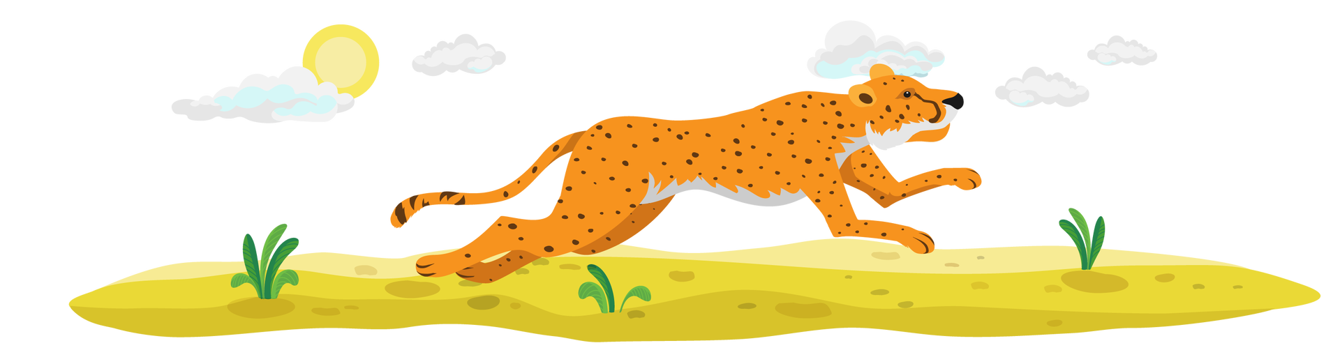 Ilustracja przedstawia geparda w biegu. Jest to duże zwierzę o pomarańczowej sierści w czarne kropki, przypominające kota. Teren jest pokryty żółtym piaskiem, z którego gdzieniegdzie wyrastają pojedyncze kępki zielonej trawy. W tle widać słońce i jasne chmury.