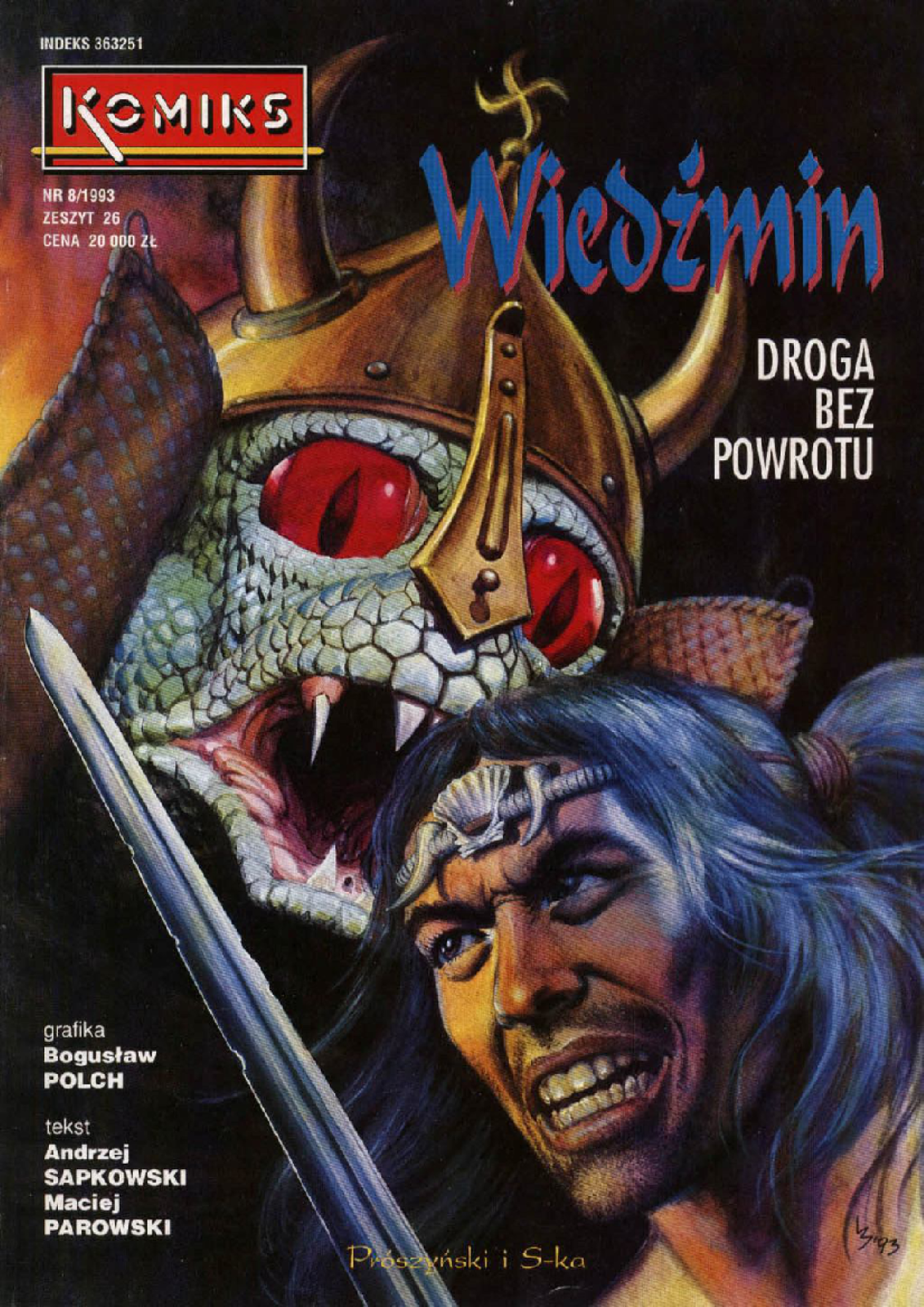 Na ilustracji znajduje się potwór oraz mężczyzna. Potwór ma na sobie złoty hełm. Ciało potwora wyglądem przypomina węża. Mężczyzna ma długie niebieskie włosy oraz przepaskę zrobiona z zębów na czole. Mężczyzna w dłoni trzyma miecz. Tło ilustracji jest ciemne. 