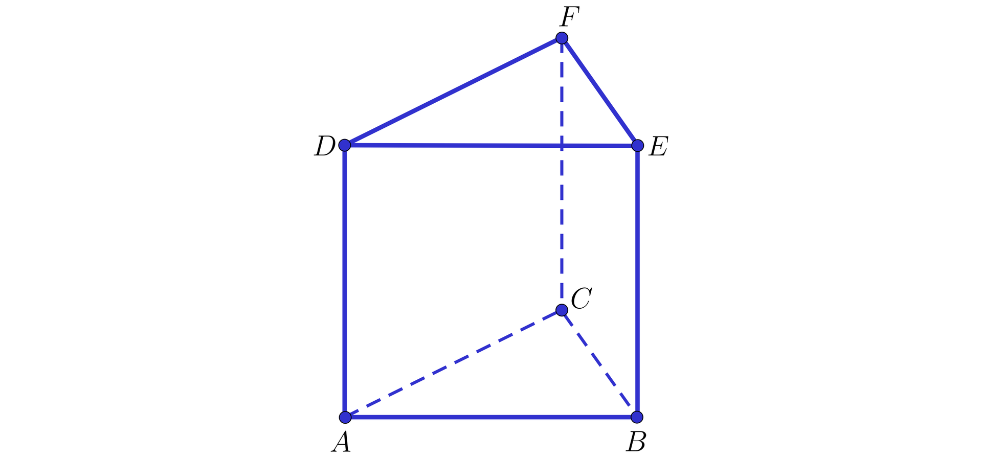 Ilustracja przedstawia graniastosłup trójkątny A B C D E F. W podstawie dolnej znajduje się trójkąt  A B C, natomiast w podstawie górnej znajduje się trójkąt D E F.
