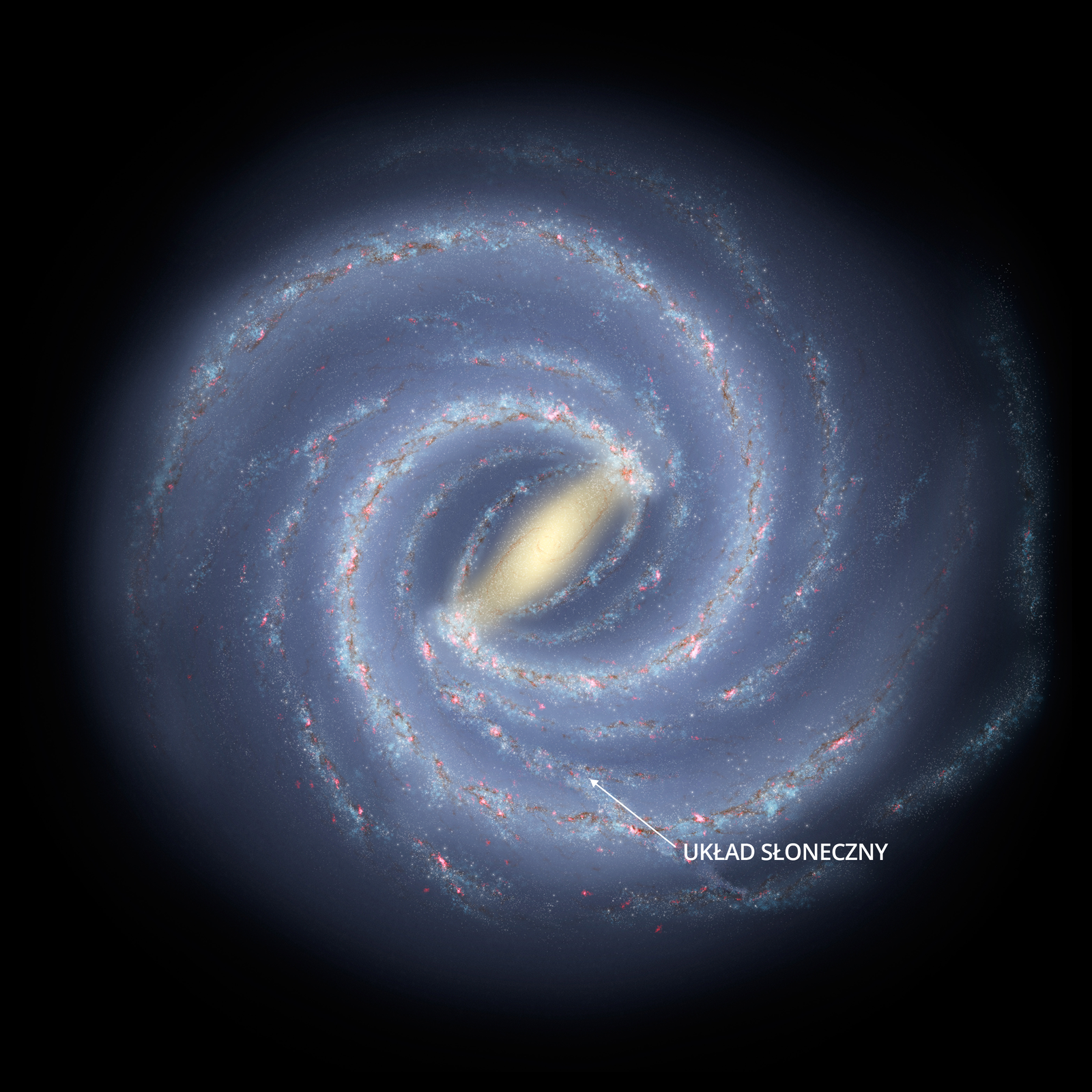 Grafika prezentuje wygląd galaktyki Drogi Mlecznej. Galaktyka prezentowana od góry ma kształt spiralny, w jej centrum znajduje się jadro. W połowie jej szerokości zaznaczono Układ Słoneczny.