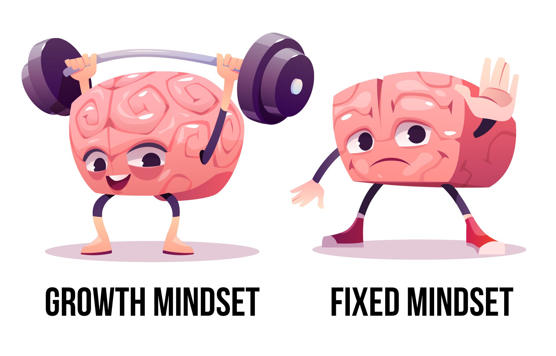 Grafika przedstawia dwie figurki przypominając wyglądem mózg. Pierwsza figurka po lewej stronie podnosi ciężary, a pod nią widoczny jest napis w języku angielskim: GROWTH MINDSET. Druga figurka po prawej stronie podnosi lewą dłoń w geście STOP, a pod nią widoczny jest napis w języku angielskim: FIXED MINDSET. 
