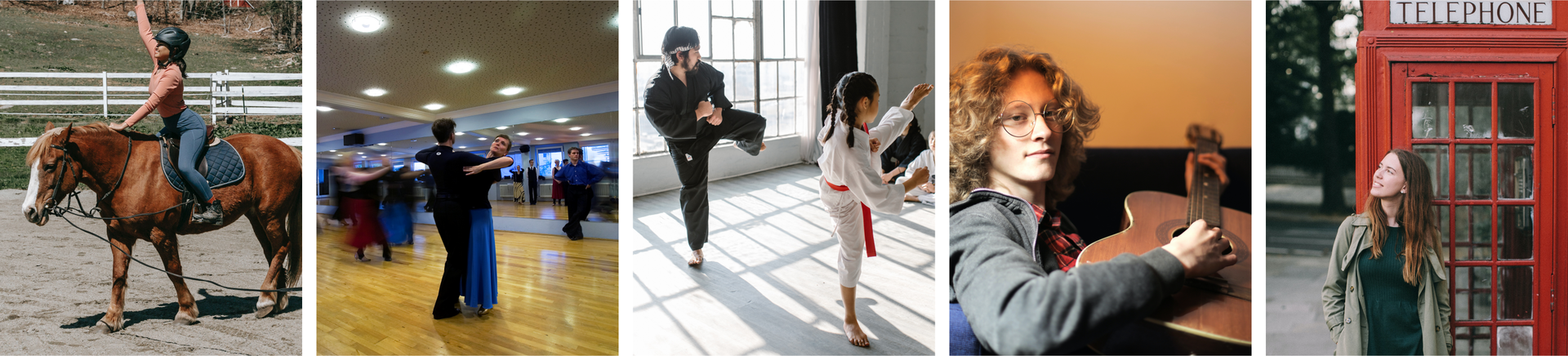 Ilustracja składa się z pięciu zdjęć. Zdjęcia przedstawiają kolejno od lewej: osobę jadąca na koniu, parę tańczącą na parkiecie, dwie osoby ubrane w kimono i ćwiczące, chłopaka w okularach trzymającego w rękach gitarę oraz dziewczynę pozującą do zdjęcia na tle angielskiej budki telefonicznej.