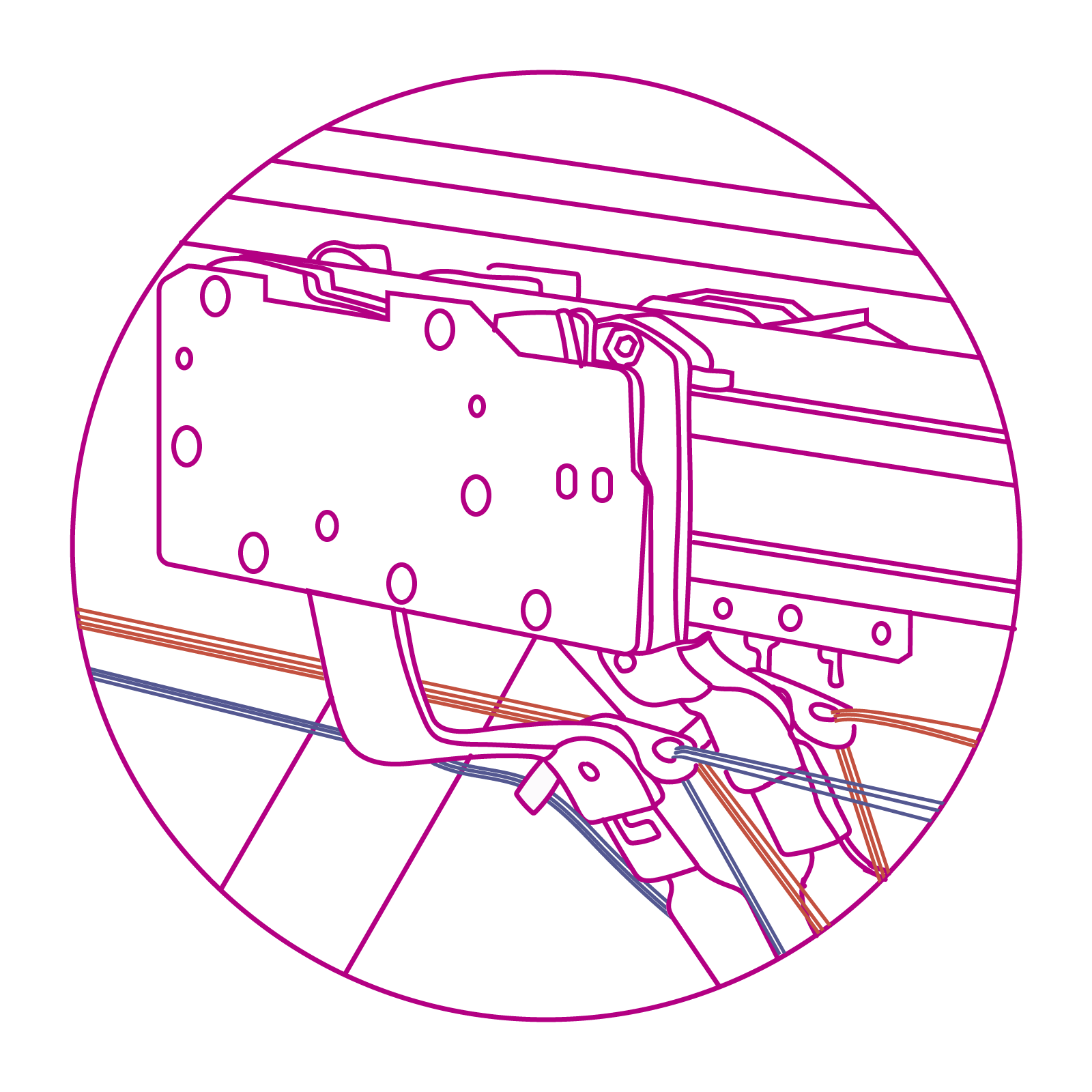 Grafika przedstawia wodziki intarsyjne. Na zdjęciu widoczne zbliżenie na dwie płaskie, wydłużone płytki, obok których znajdują się uchwyty. Wychodzą z nich dwie kolorowe nitki.  