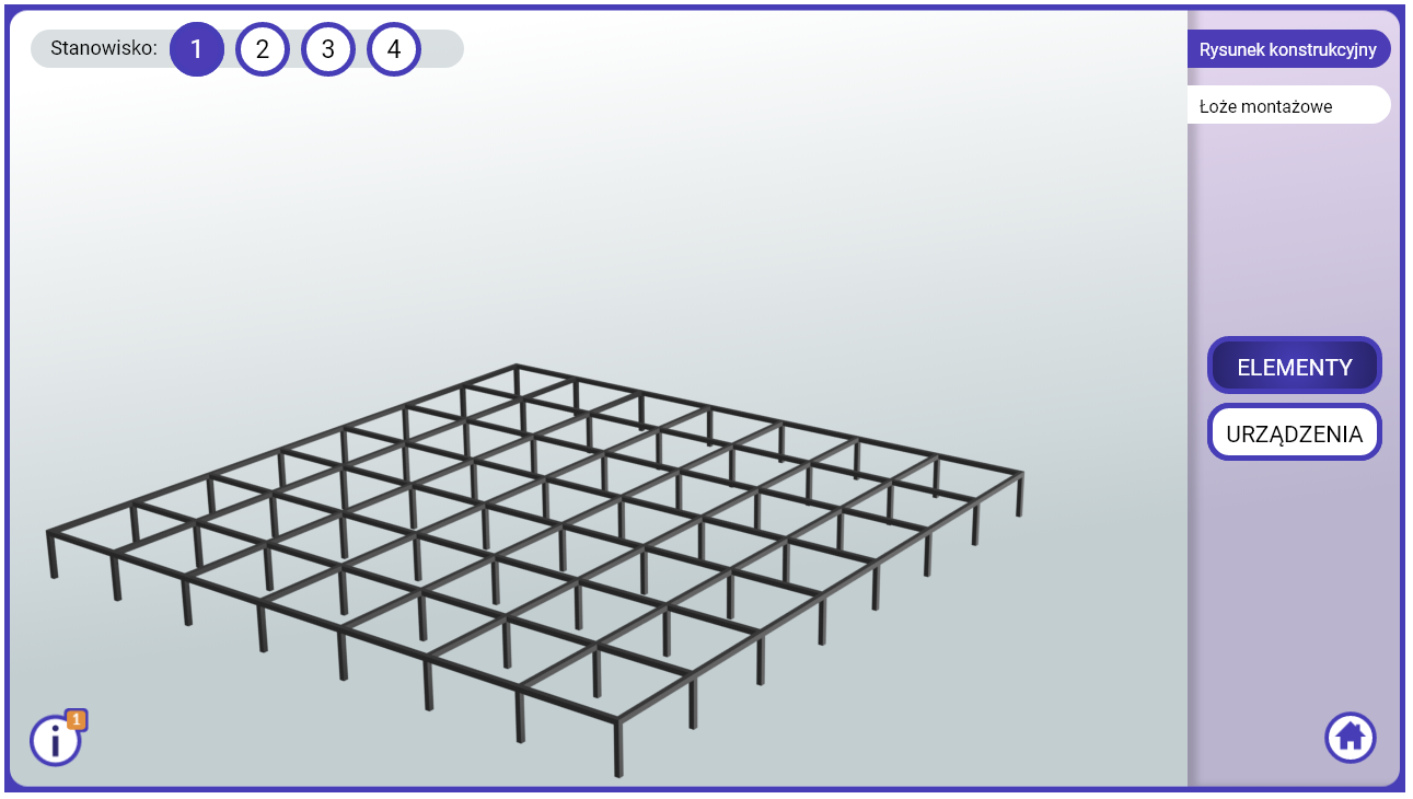 Grafika przedstawia ekran z łożem montażowym. Po prawej stronie widać menu z wcześniej omówionymi przyciskami. Na środku ekranu widać puste łoże montażowe. W górnym lewym rogu widać liczby od jeden do cztery. Ukazują one, na którym łożu obecnie się pracuje. W dolnym lewym rogu znajduje się przycisk w postaci litery i umożliwiający wyświetlenie polecenia.