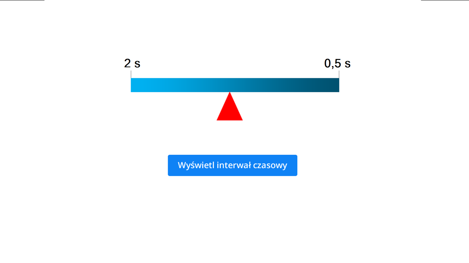 Aplikacja umożliwia wyświetlanie interwału czasowego. Tło białe. Po środku niebieski prostokąt. Dłuższy bok leży poziomo. Po lewej stronie widniej napis: 0,5 Hz, a po prawej 2 Hz. Tuż pod prostokątem znajduje się czerwony trójkąt równoramienny. Jeden z wierzchołków styka się z prostokątem. Podstawa trójkąta położona równolegle do dłuższego boku prostokąta. Za pomocą myszy kursora muszy można przesuwać trójkąt. Trójkąt przesuwa się wzdłuż dłuższego boku prostokąta. Przesuwając trójkąt w lewo dźwięk słychać w większych odstępach czasu. Przesuwając w prawo, dźwięk jest słyszany w mniejszych odstępach czasu. Na samym dole znajduje się niebieski przycisk. Przycisk opisano: „Wyświetl interwał czasowy”. Po jego naciśnięciu, nad trójkątem pokazuje się interwał czasowy. Na przykład: dla 0,5 Hz są to 2 sekundy. Dla 2 Hz jest to 0,5 sekundy.