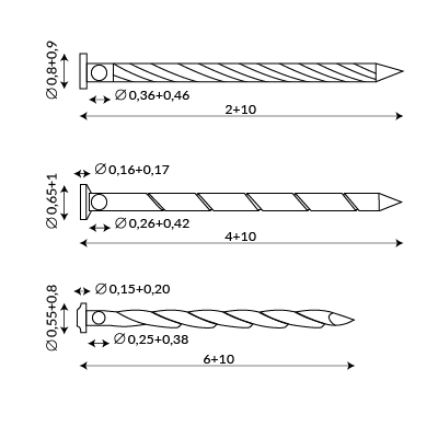 Rysunek przedstawia trzy rodzaje gwoździ wykorzystywanych w konstrukcjach drewnianych. Oznaczone i opisane są długości i średnice gwoździ oraz łbów.