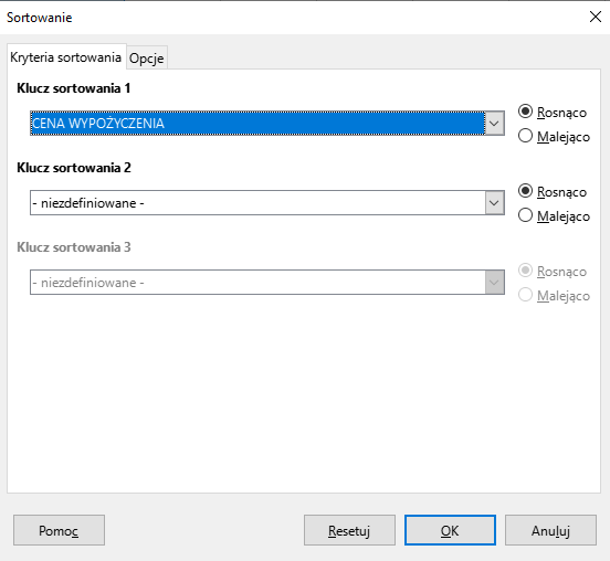 Ilustracja przedstawia okno dotyczące Sortowania. W opcji Kryteria sortowania jest Klucz sortowania 1, z listy wybrano: Cena wypożyczenia, a następnie zaznaczono: Rosnąco. W Kluczu sortowania 2 z listy wybrano: niezdefiniowane. Zaznaczono: Rosnąco. Klucz sortowania 3 jest nieaktywny. Na dole okna wybrano przycisk OK. 