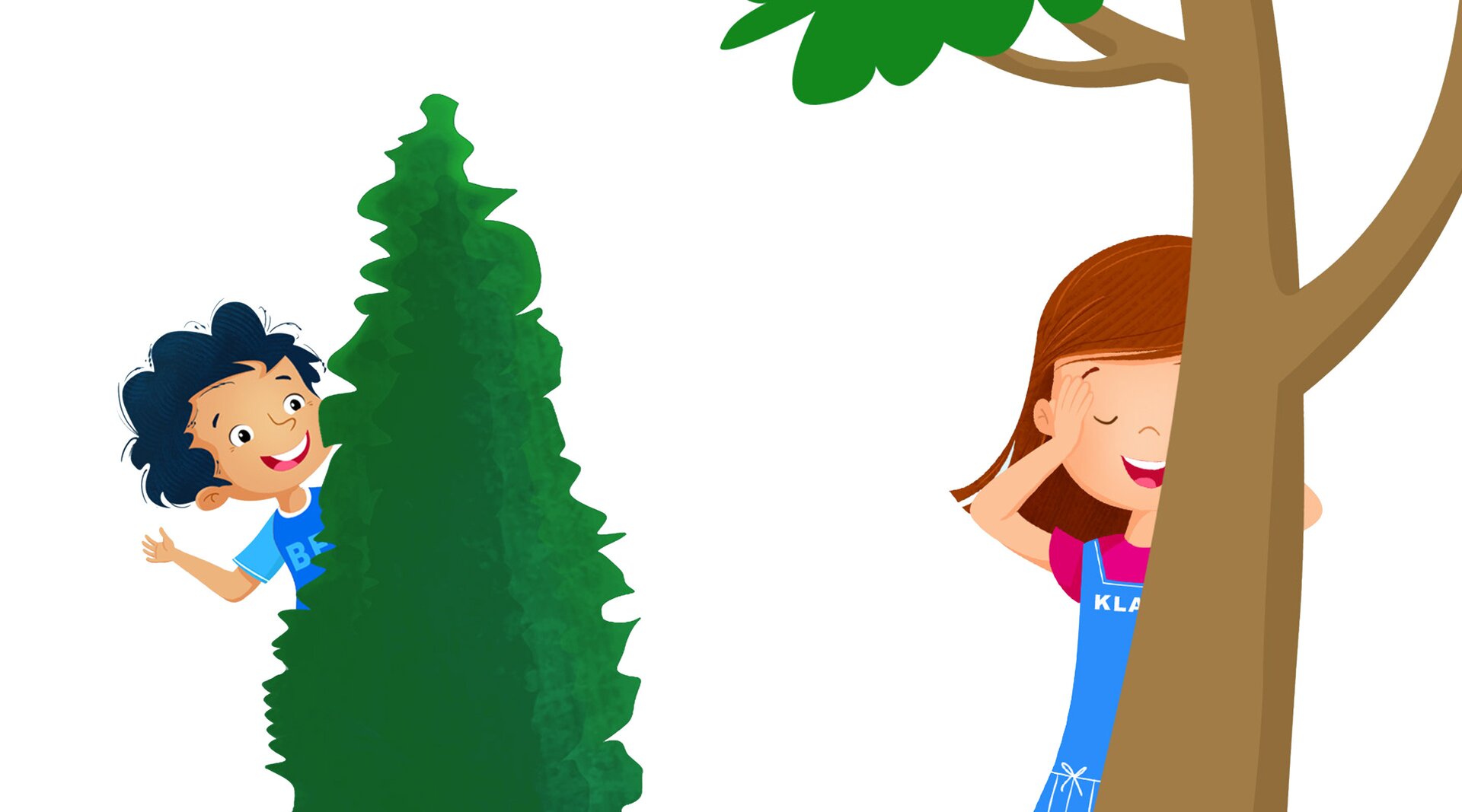 Na ilustracji znajdują się chowające się dzieci.To Klara i Ben.