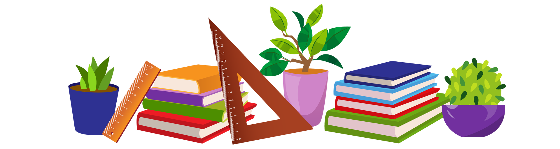 Ilustracja przedstawia przedmioty ułożone blisko siebie. Po lewej stronie stoi zielona roślina w granatowej donicy. Dalej na prawo są cztery książki ułożone jedna na drugiej. Pierwsza ma pomarańczową okładkę, druga fioletową, trzecia zieloną, a czwarta czerwoną. Po lewej stronie jest o nie oparta jasnobrązowa linijka, a po prawej ciemnobrązowa ekierka. Na środku stoi zielona roślina w jasnofioletowej donicy. Obok niej, po jej prawej stronie, są kolejne cztery książki ułożone jedna na drugiej. Pierwsza ma granatową okładkę, druga niebieską, trzecia czerwoną, a czwarta zieloną. Po prawej stronie ilustracji stoi zielona roślina w fioletowej donicy.