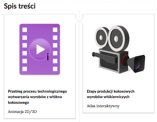 Grafika przedstawia fragment spisu treści. Spis składa się z dwóch ramek. W lewej ramce schematyczny rysunek kliszy filmowej. Poniżej tytuł: Przebieg procesu technologicznego wytwarzania wyrobów z włókna kokosowego. Animacja 2D/3D. Po prawej stronie w ramce rysunek kamery filmowej. Poniżej tytuł: Etapy produkcji kokosowych wyrobów włókienniczych. Atlas interaktywny. 
